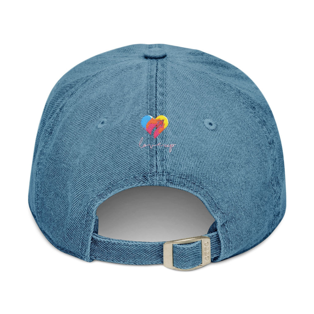 Embroidered Love Up Denim Hat with colorful heart design and adjustable strap.