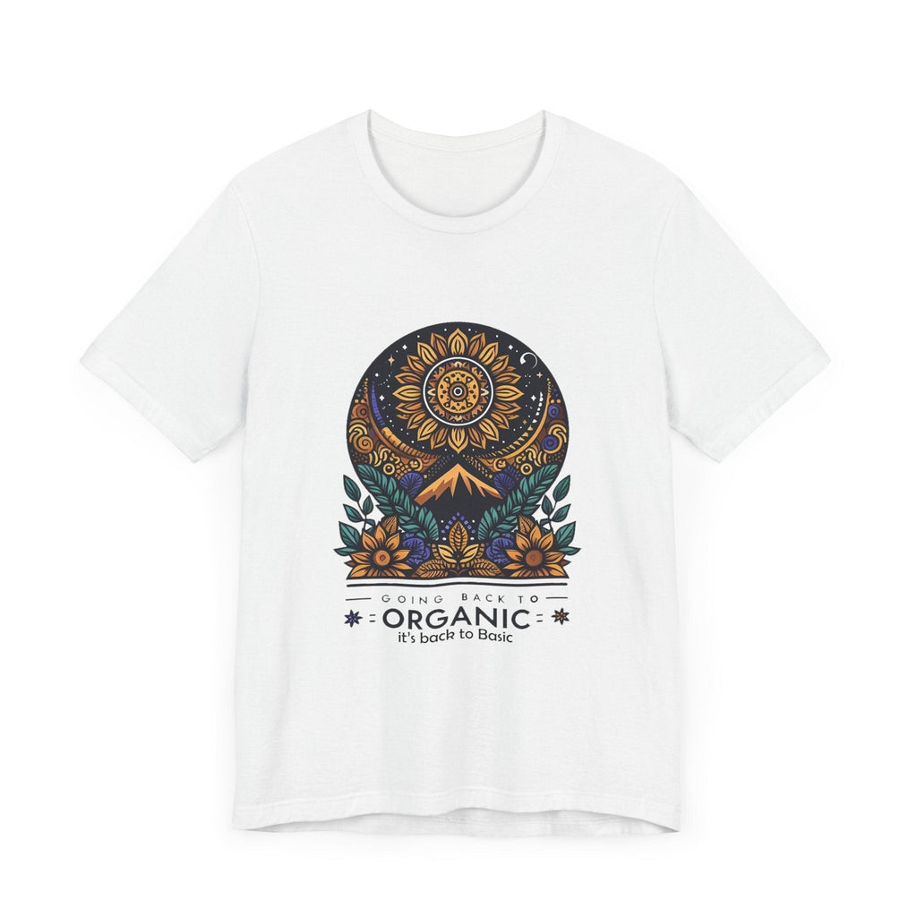 Unisex Jersey Short Sleeve T-shirt with organic design, featuring vibrant floral and sun pattern, 100% Airlume cotton.