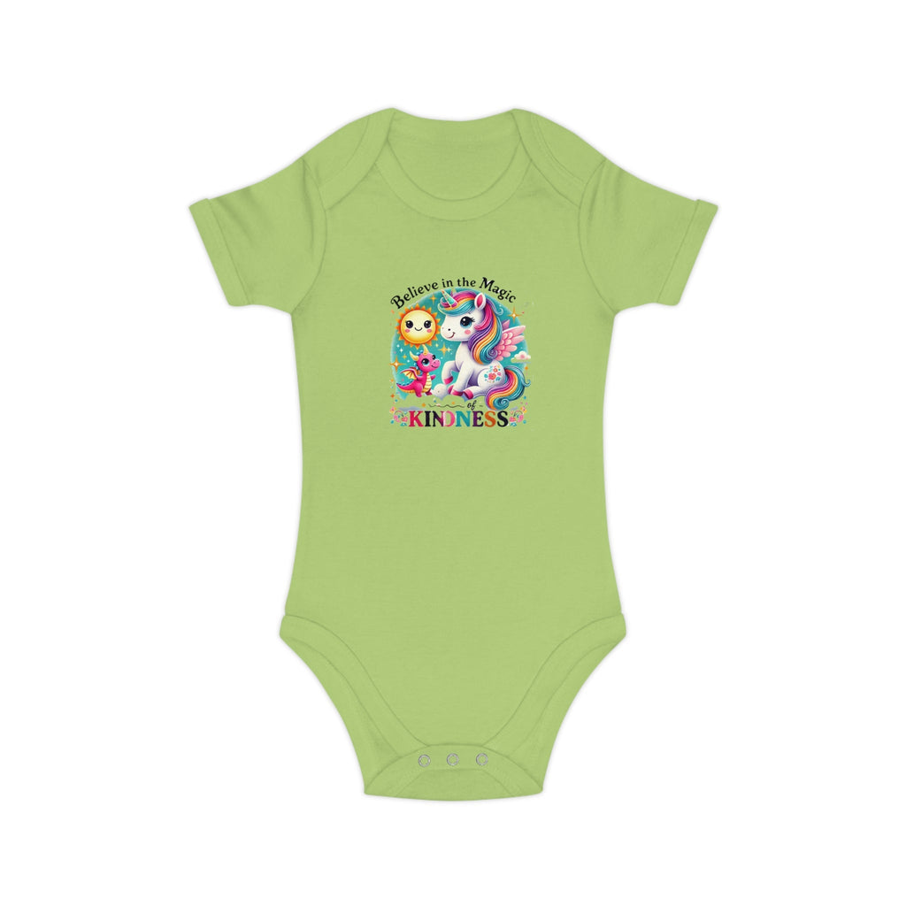 Green combed cotton baby bodysuit with "Believe in the Magic of Kindness" design, featuring popper fastenings for easy changes.