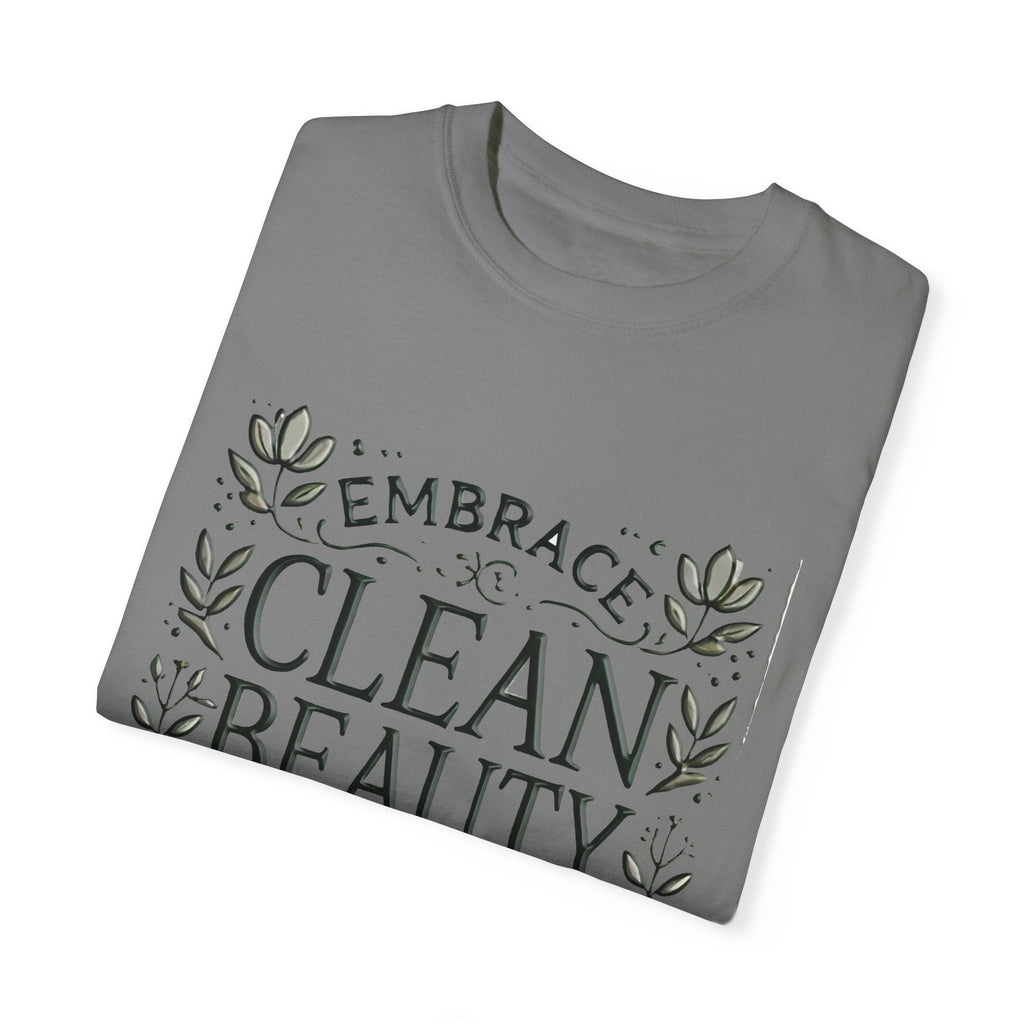 Clean Beauty Unisex T-Shirt - Organic Natural Cosmetic Living Tee, folded, featuring "Embrace Clean Beauty" design.