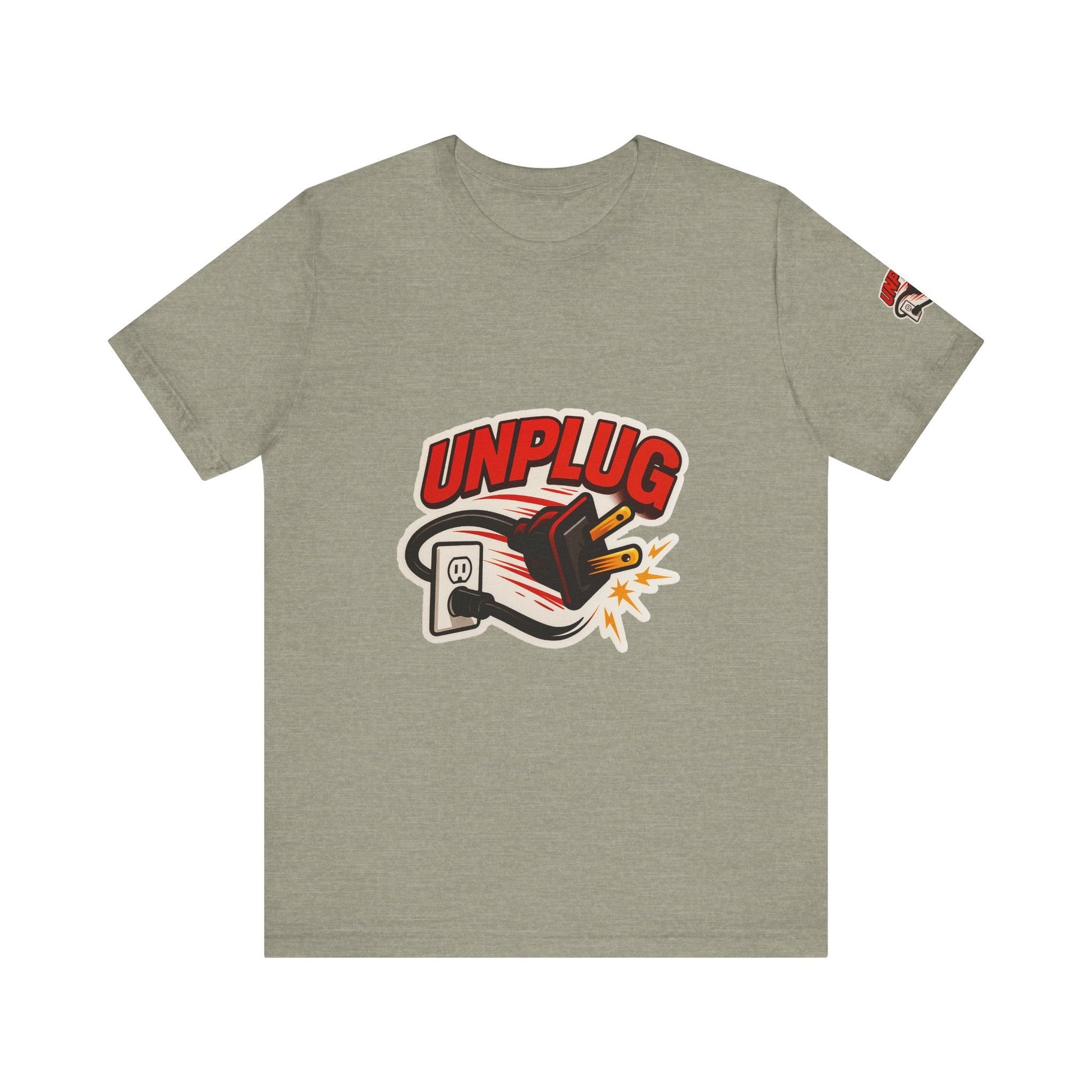 Unisex gray Unplugged Vibes T-shirt with bold graphic of unplugged electric plug and "UNPLUG" text on front