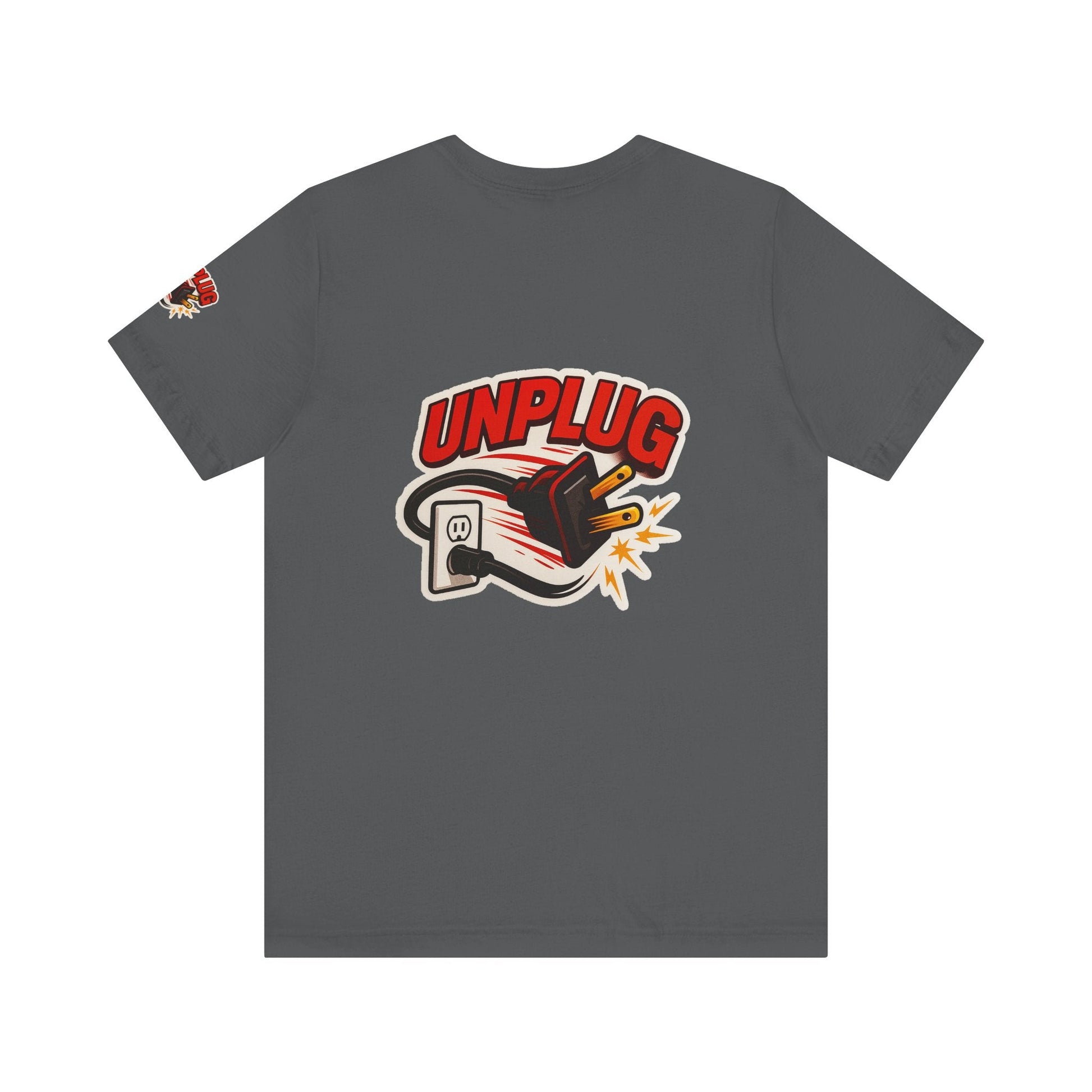 Gray Unisex short sleeve t-shirt with bold "UNPLUG" graphic and unplugged power cord design, casual and comfortable Unplugged Vibes Tee