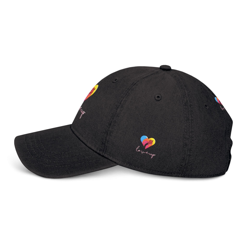 Embroidered Love Up Denim Hat with colorful heart design on black fabric.