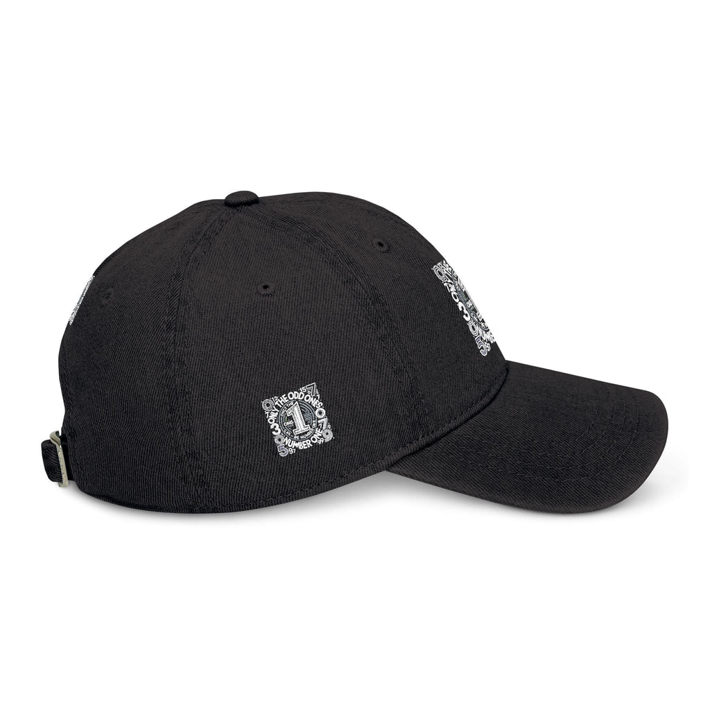 Unique embroidered denim hat with vintage pigment-dyed color, side view.