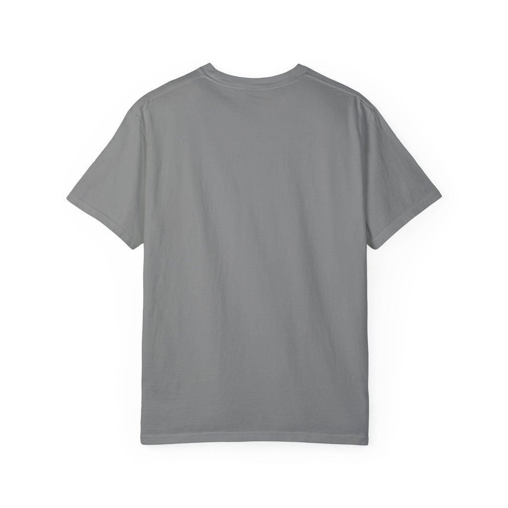 Unisex garment-dyed T-shirt "This Too Will Pass" in gray, back view.
