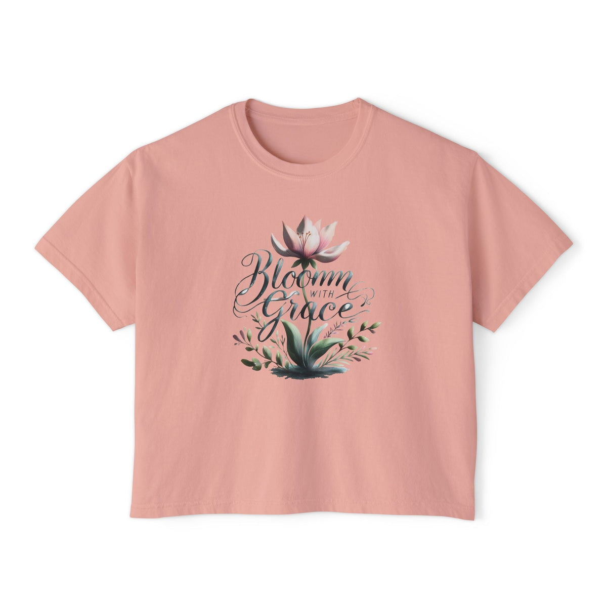 Womens Boxy T-shirt with floral design, pink casual summer top with "Bloom with Grace" print.
