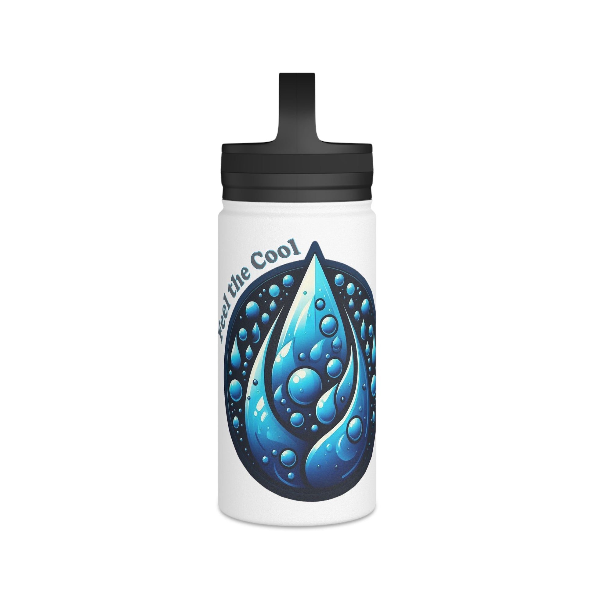 Blue Water Drop Stainless Steel Water Bottle with handle, vibrant design, insulated for hot and cold drinks.