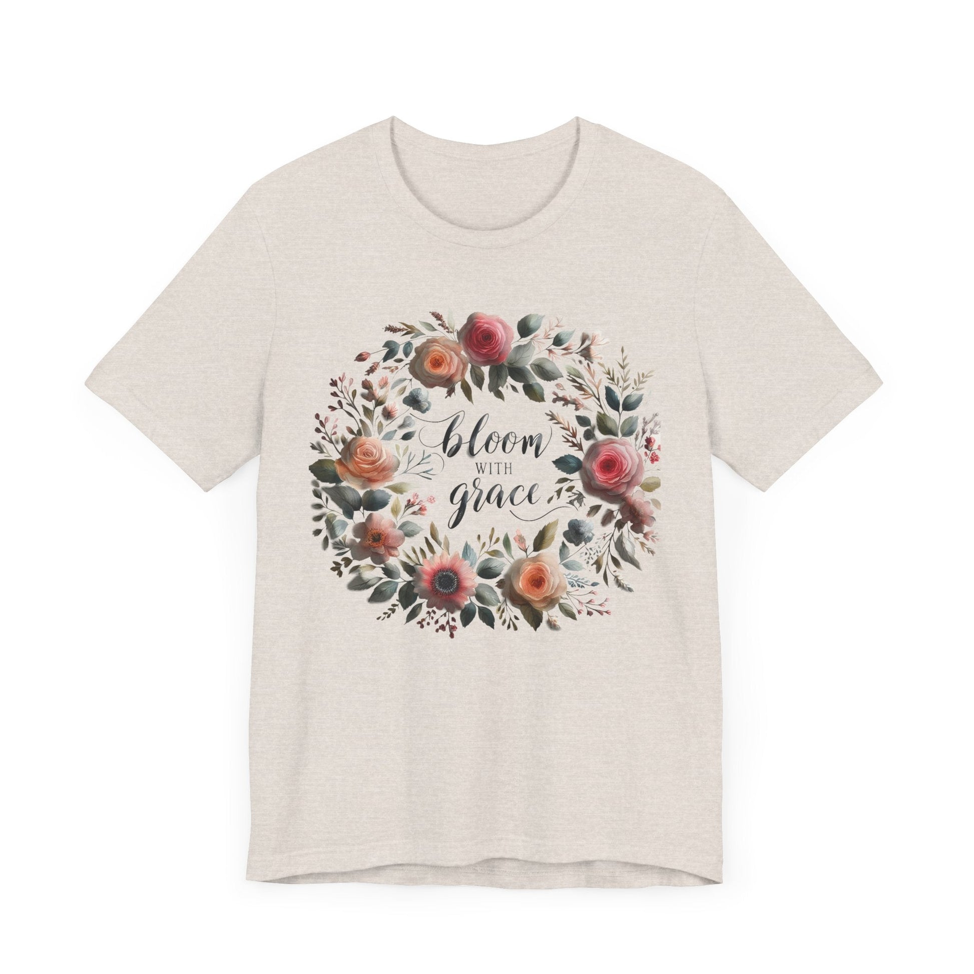 Bloom with Grace T-shirt with "Bloom with Grace" design, unisex jersey short sleeve, ideal spring outfit for nature lovers.