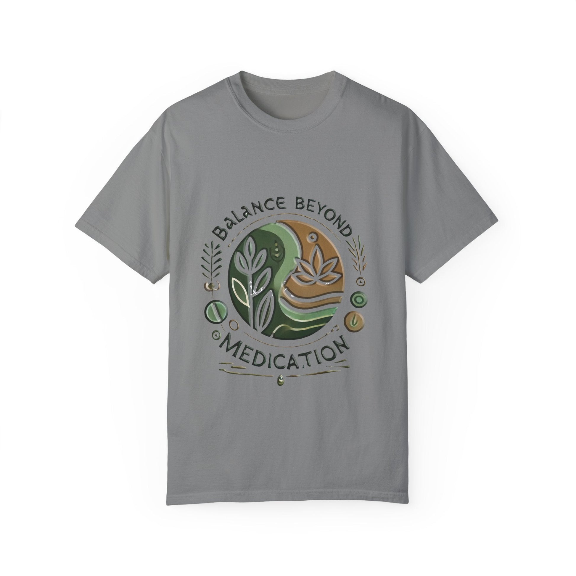 Balance Beyond Medication Unisex Garment-Dyed T-Shirt in gray with botanical design.