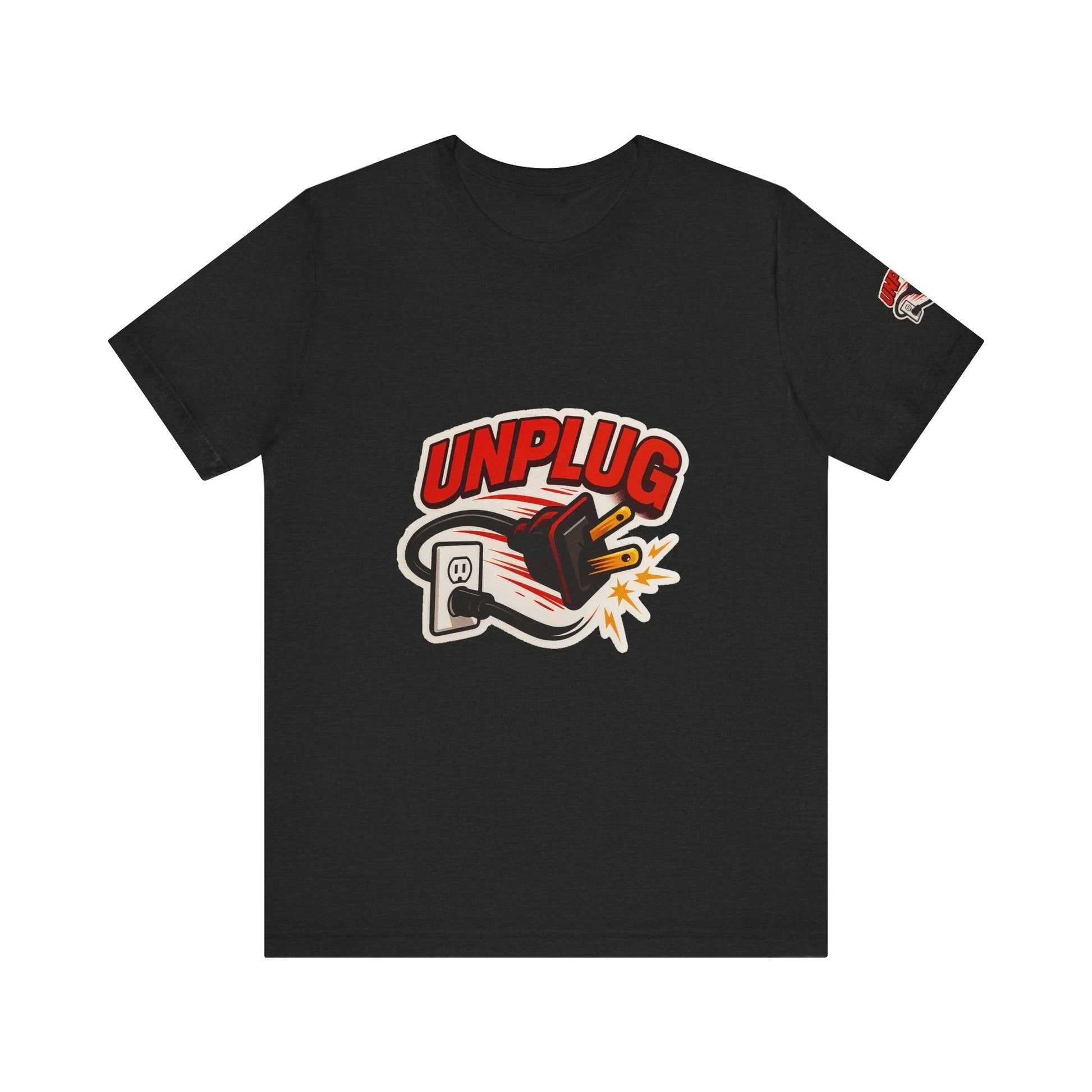 Black Unisex Jersey T-shirt with bold "Unplug" graphic showing unplugged power cord, casual and comfortable Unplugged Vibes Tee