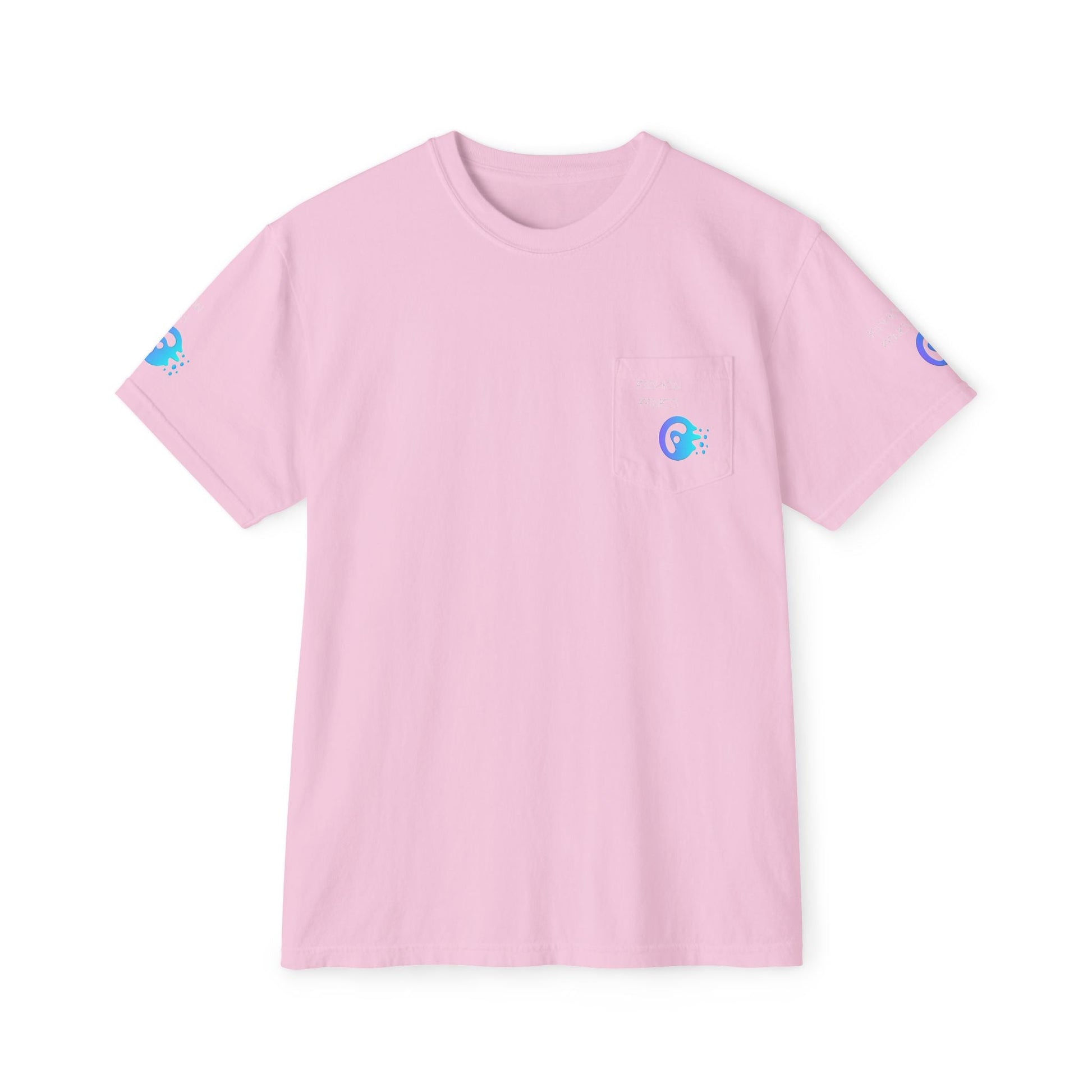 Unisex Garment-Dyed Pocket T-Shirt in pink with chest pocket and vibrant eco-friendly graphics.