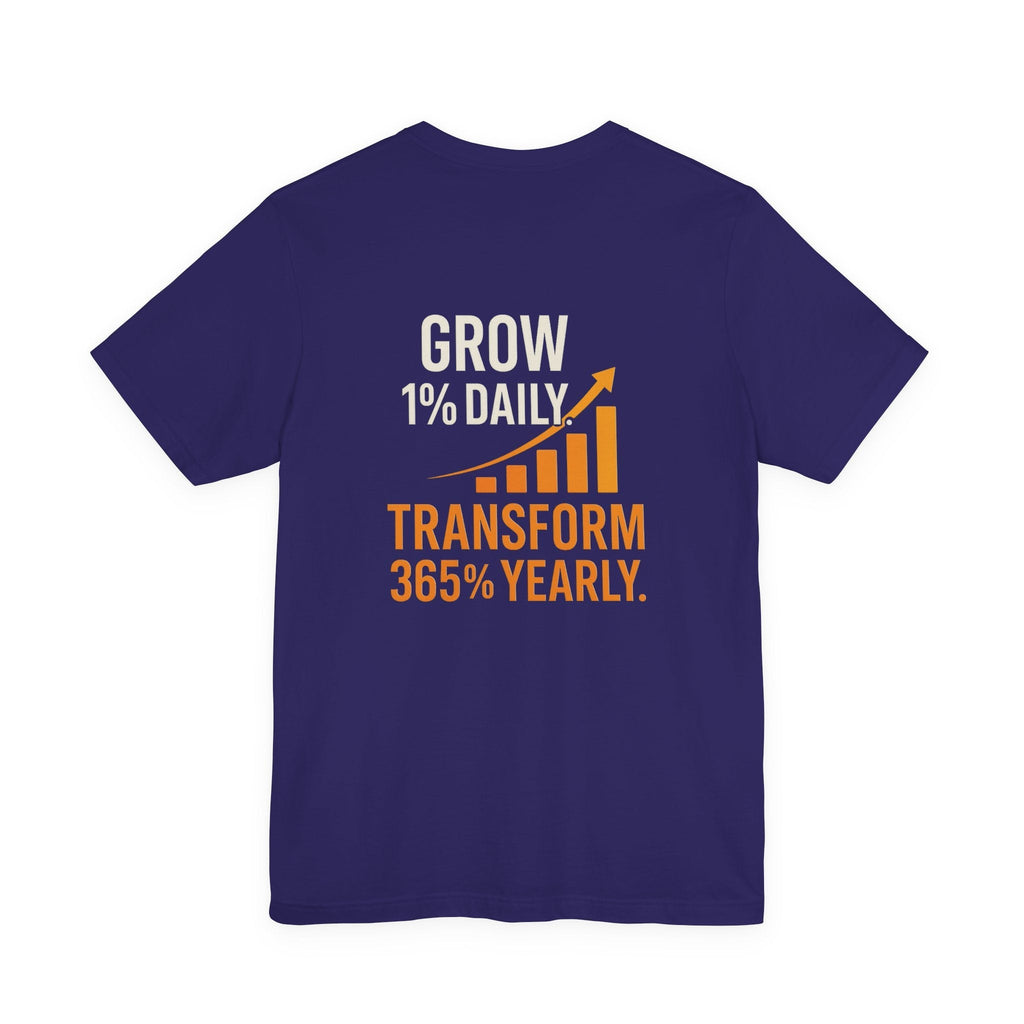 Navy unisex motivational growth t-shirt with "Grow 1% daily, transform 365% yearly" graphic in white and orange text