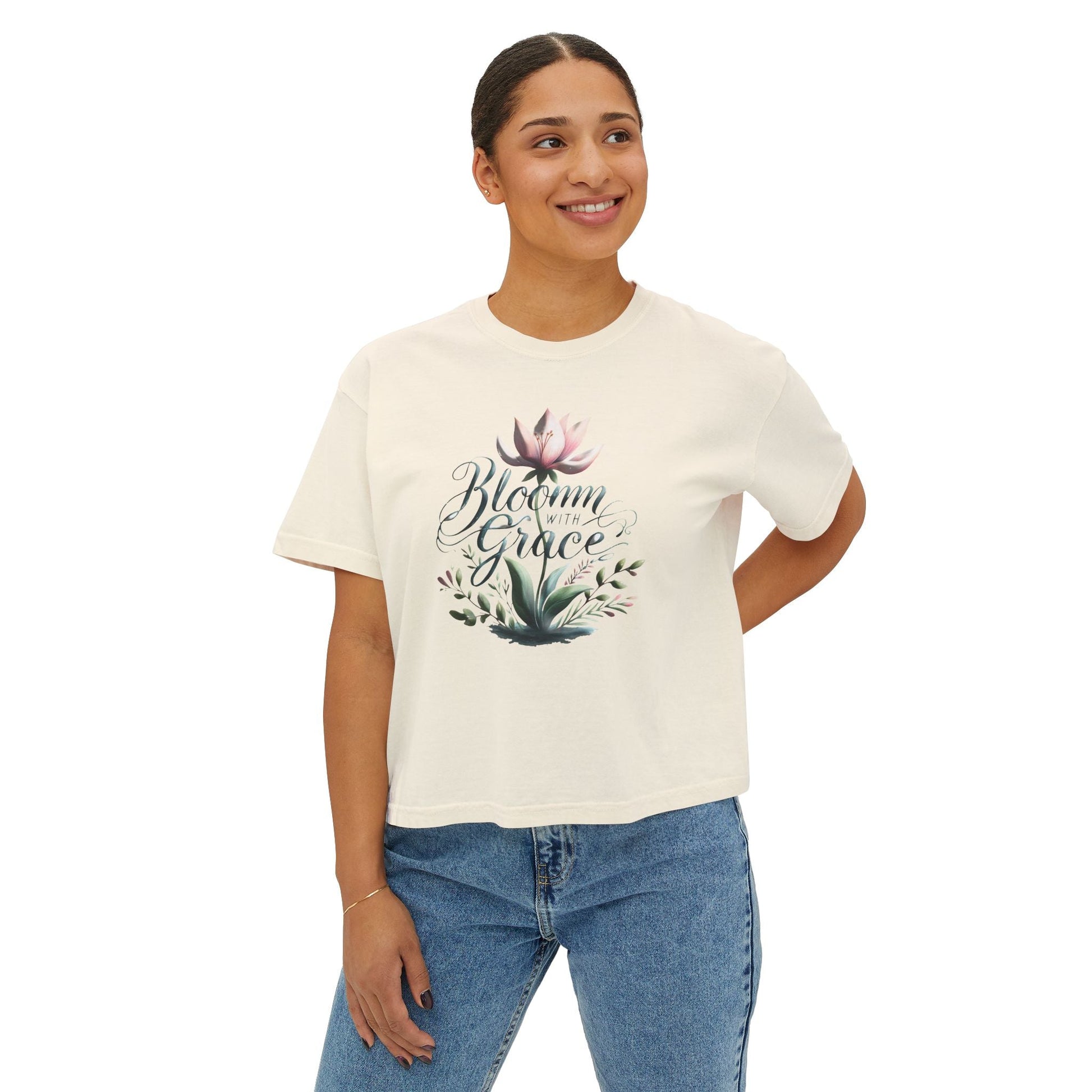 Womens boxy T-shirt with floral design, "Bloom with Grace," casual summer top.