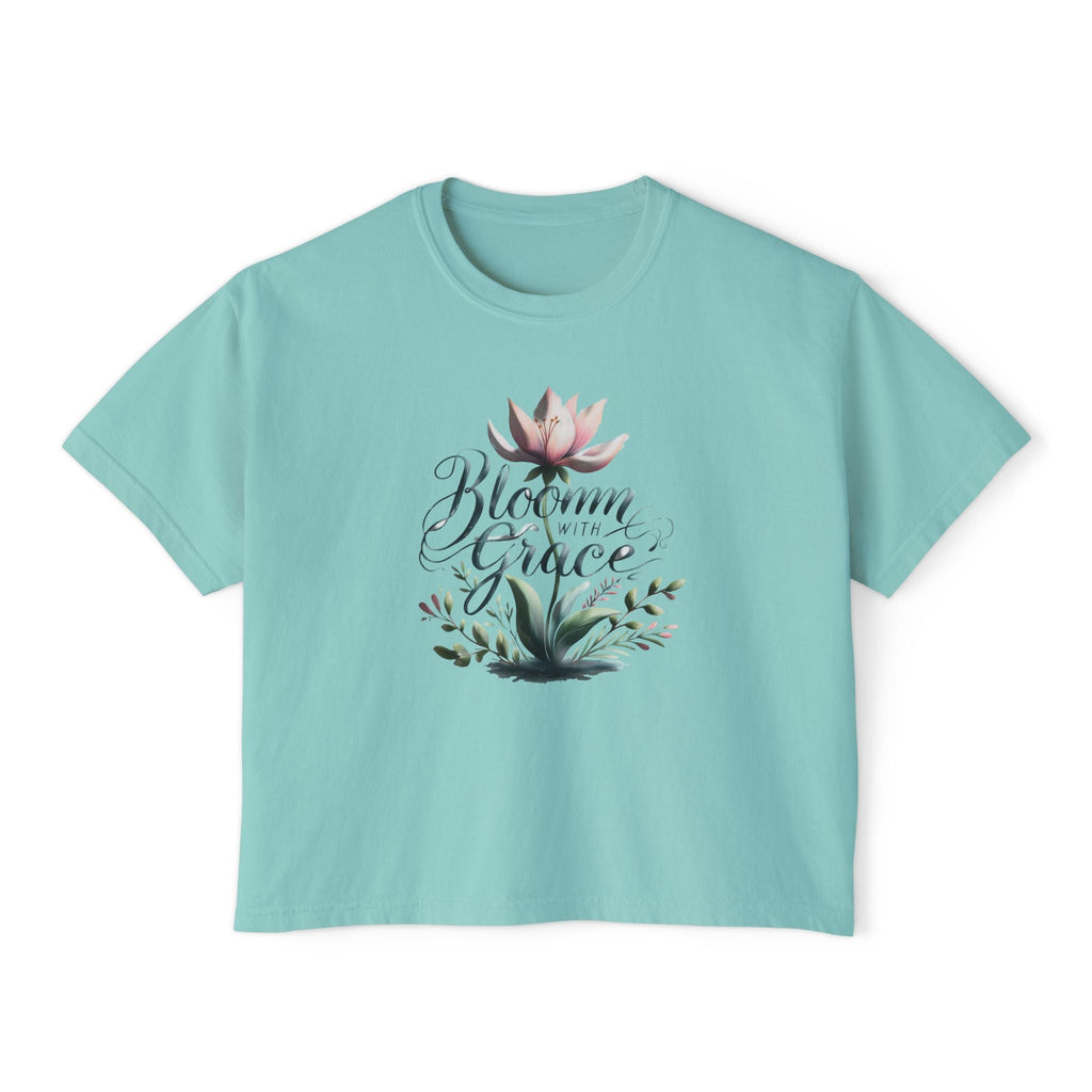 Womens Boxy T-shirt in aqua with "Bloom with Grace" floral graphic design.