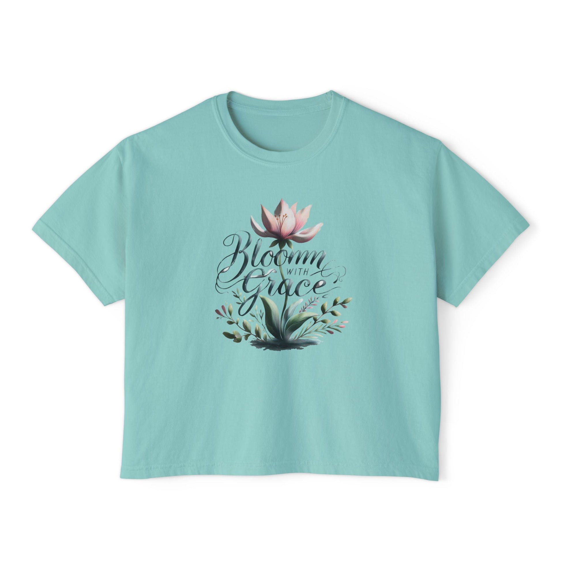 Womens Boxy T-shirt in aqua with "Bloom with Grace" floral graphic design.