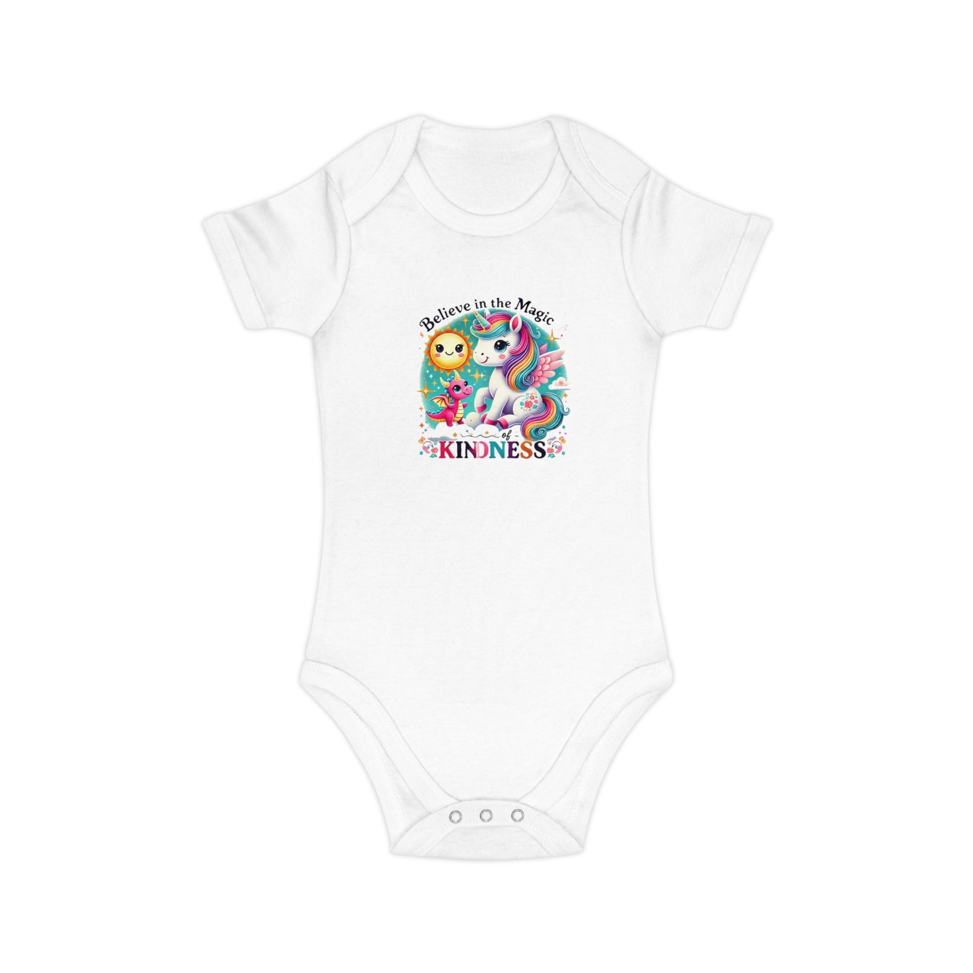 Combed cotton baby bodysuit with "Believe in the Magic of Kindness" design, soft and breathable for everyday comfort.