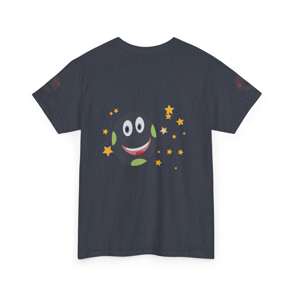 Unisex Heavy Cotton T-shirt with smiley face and stars design, promoting positivity and happiness.