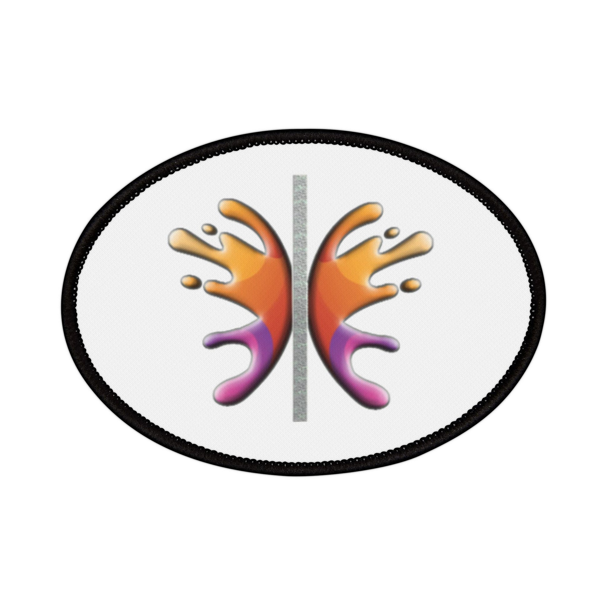 Oval-shaped iron patch with colorful design and black stitched edges for personalizing apparel.