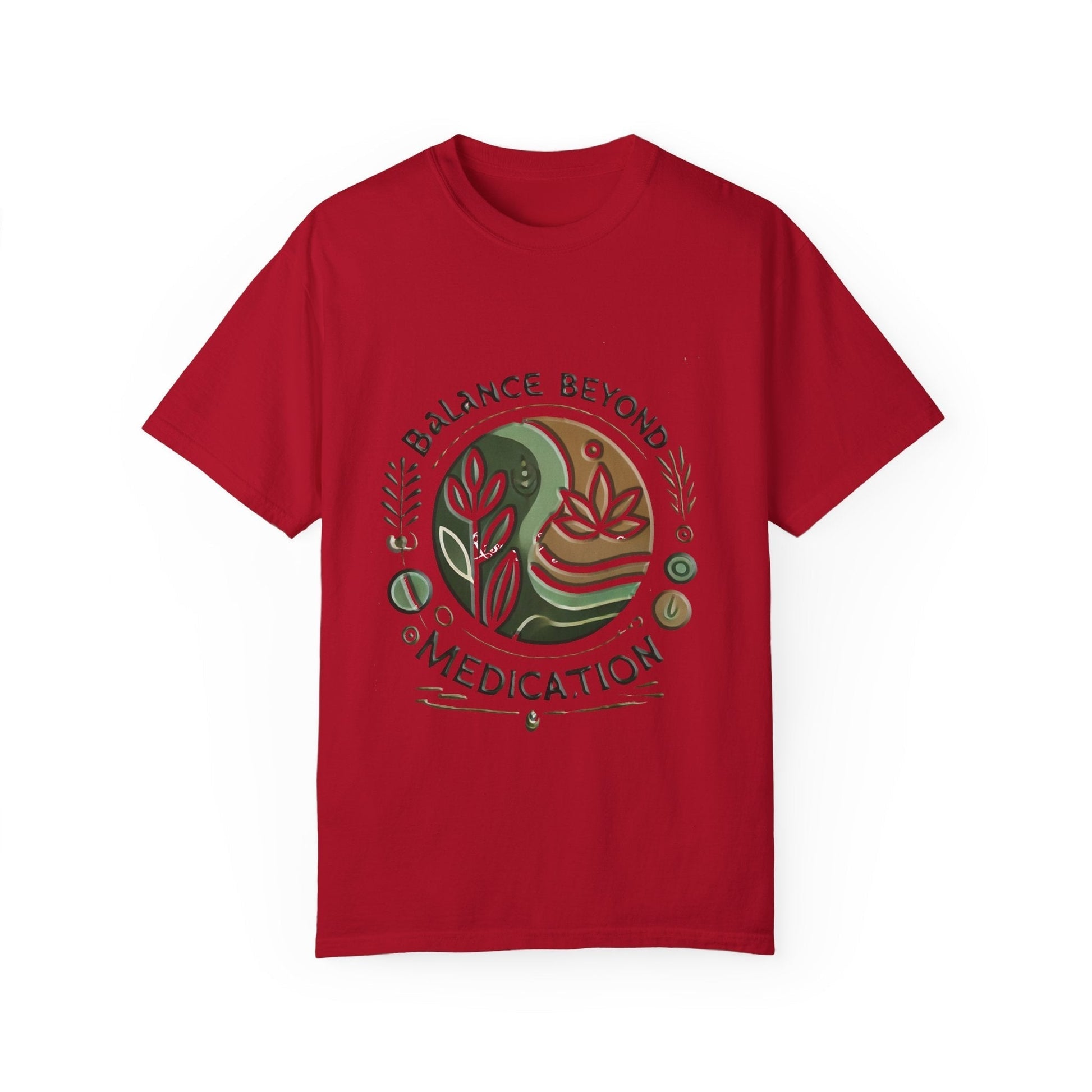 Red Balance Beyond Medication Unisex Garment-Dyed T-Shirt with unique graphic design.