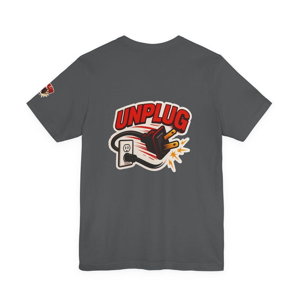 Unplugged Vibes T-shirt with fun unplugged graphic on dark gray unisex short sleeve shirt