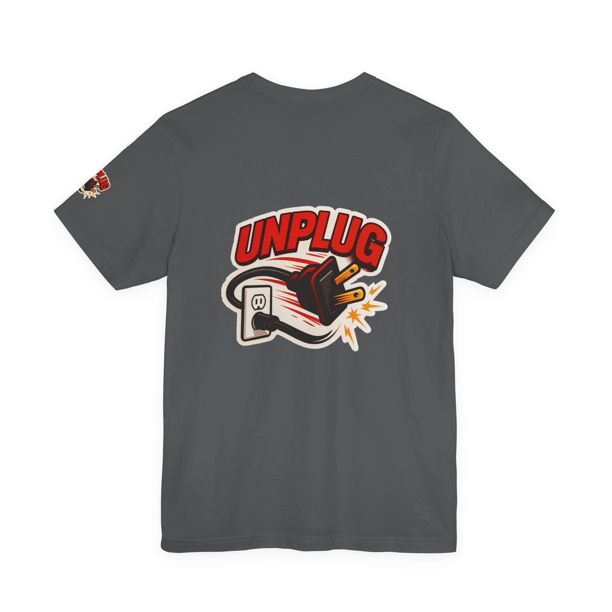 Unplugged Vibes T-shirt with fun unplugged graphic on dark gray unisex short sleeve shirt