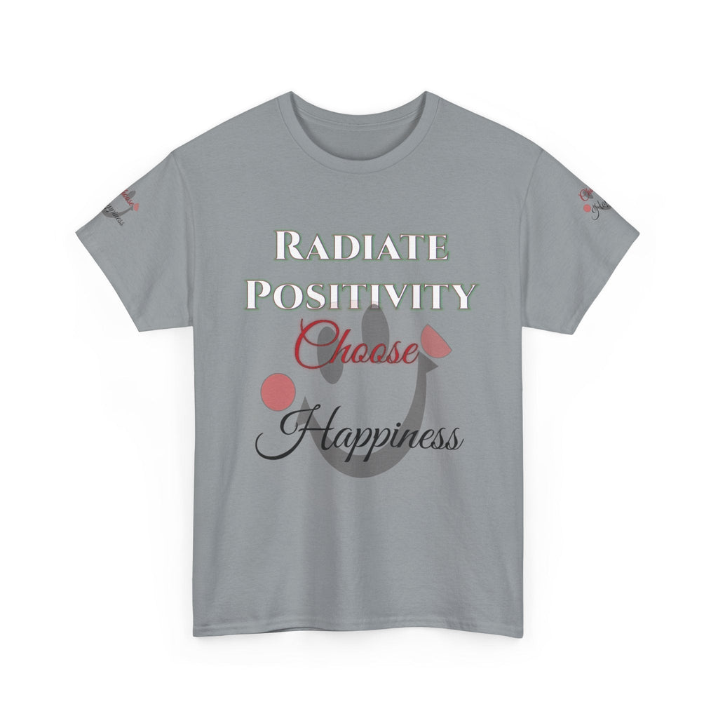 Unisex Heavy Cotton T-shirt with "Radiate Positivity - Choose Happiness" design.