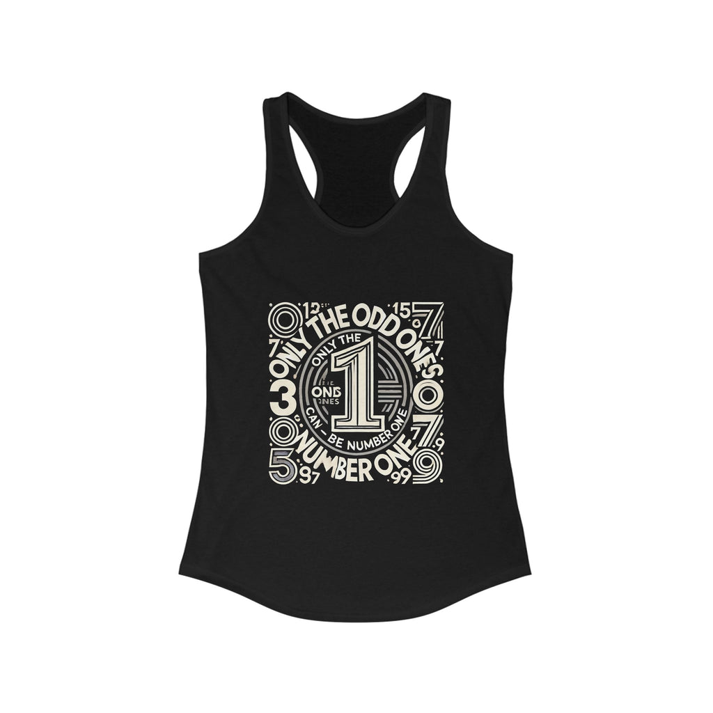 Black women’s racerback tank with unique "Only The Odd Ones" graphic design in white.