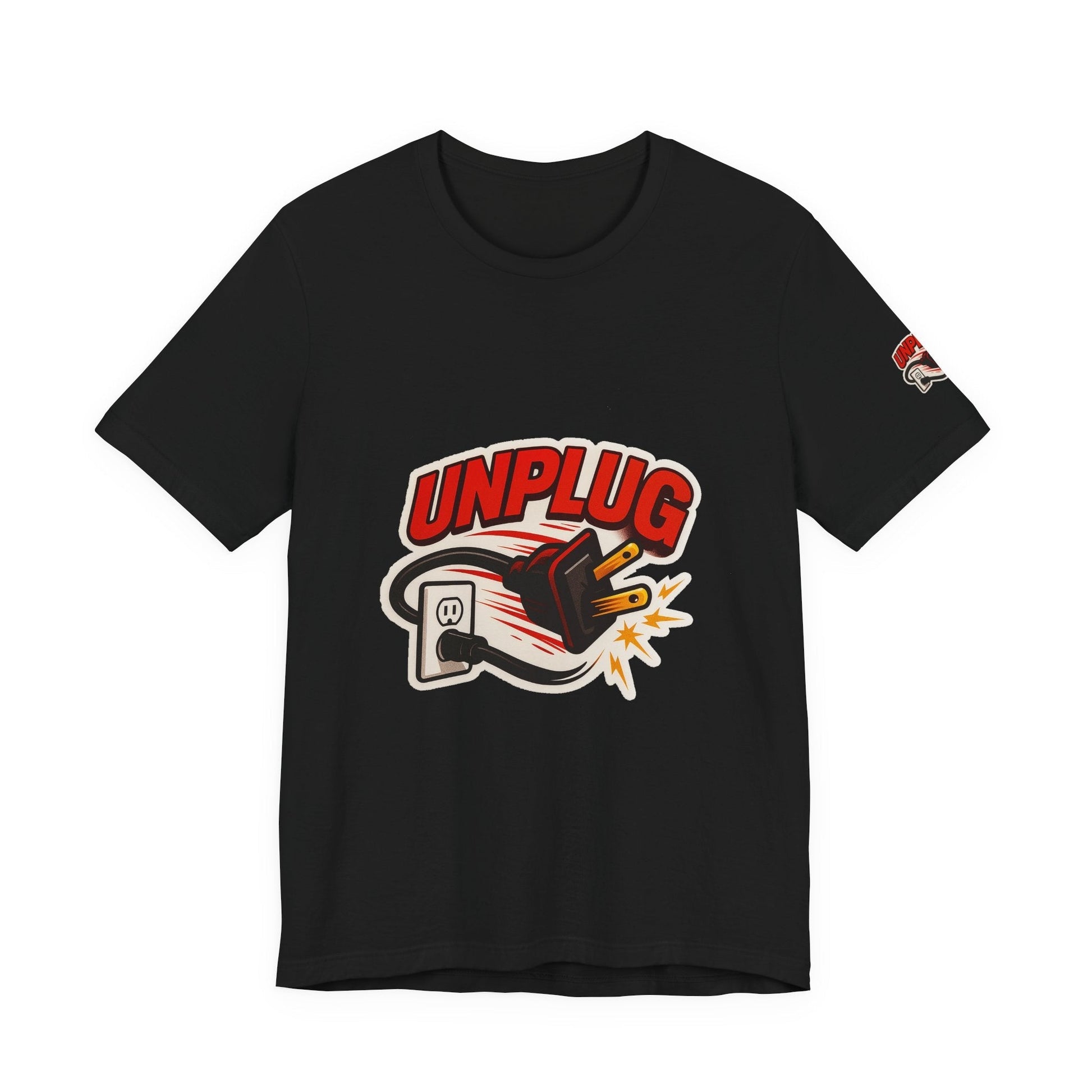 Black Unplugged Vibes T-shirt with graphic of unplugged power plug and bold red "UNPLUG" text, casual unisex short sleeve shirt.