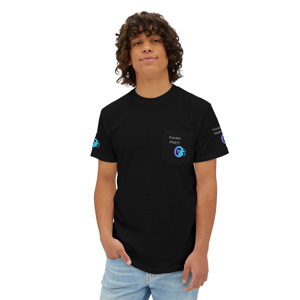 Unisex garment-dyed pocket t-shirt in black with chest pocket, vibrant eco-friendly print, relaxed fit.