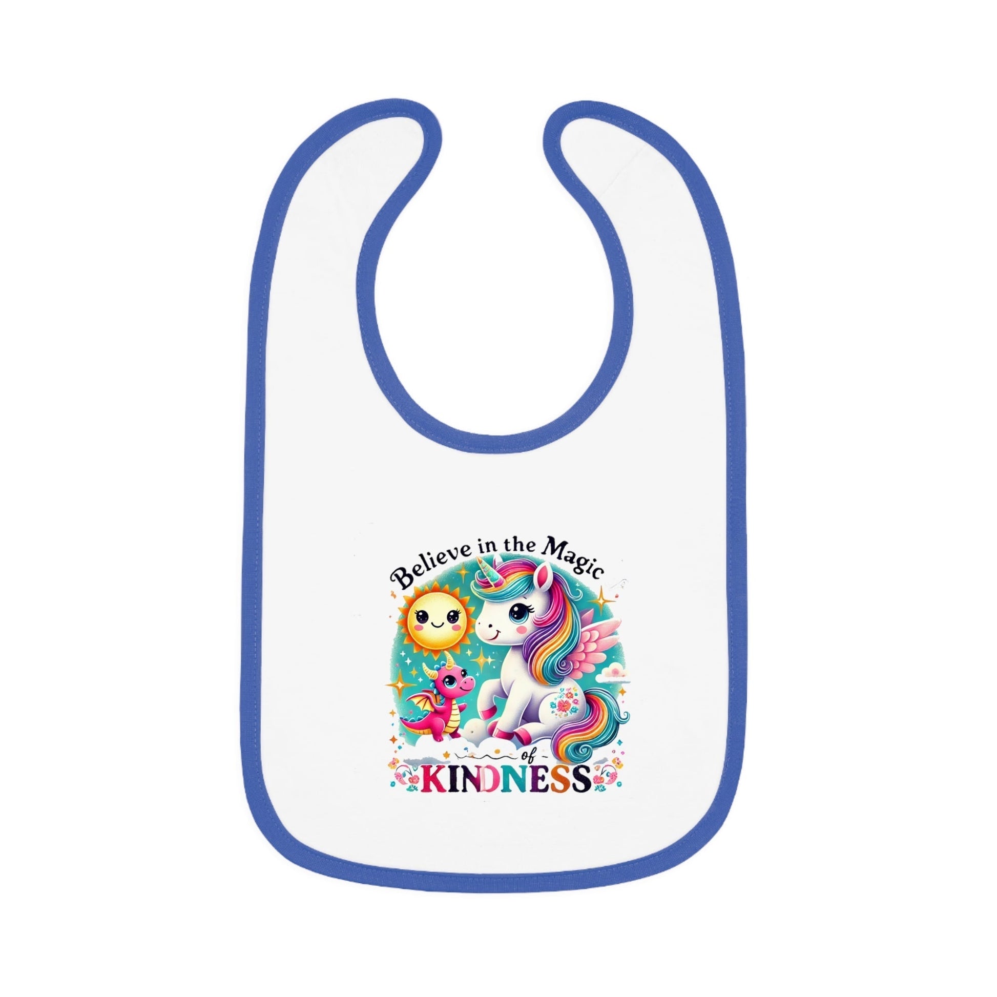 Baby Contrast Trim Jersey Bib with a colorful unicorn design and "Believe in the Magic Of Kindness" text.