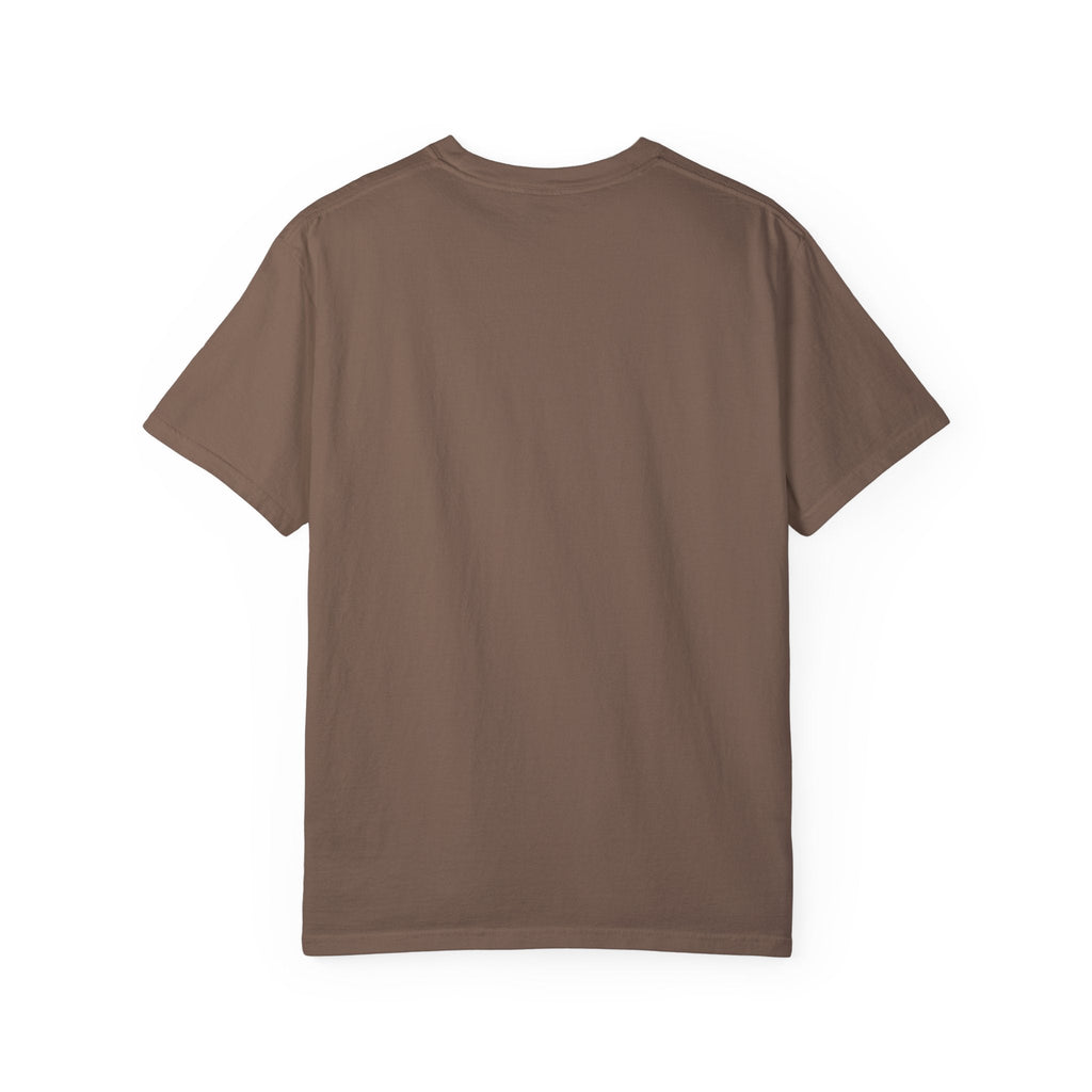Unisex garment-dyed t-shirt in brown, showcasing durable double-needle stitching and soft texture.