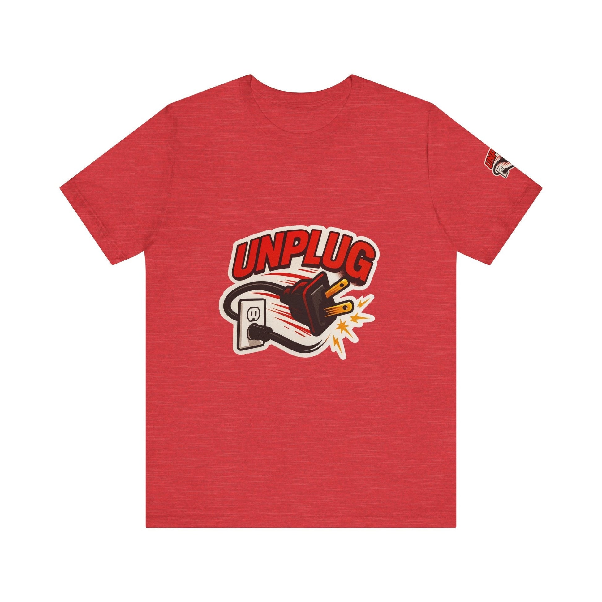 Red Unplugged Vibes T-shirt with graphic of unplugged electric plug and bold text design