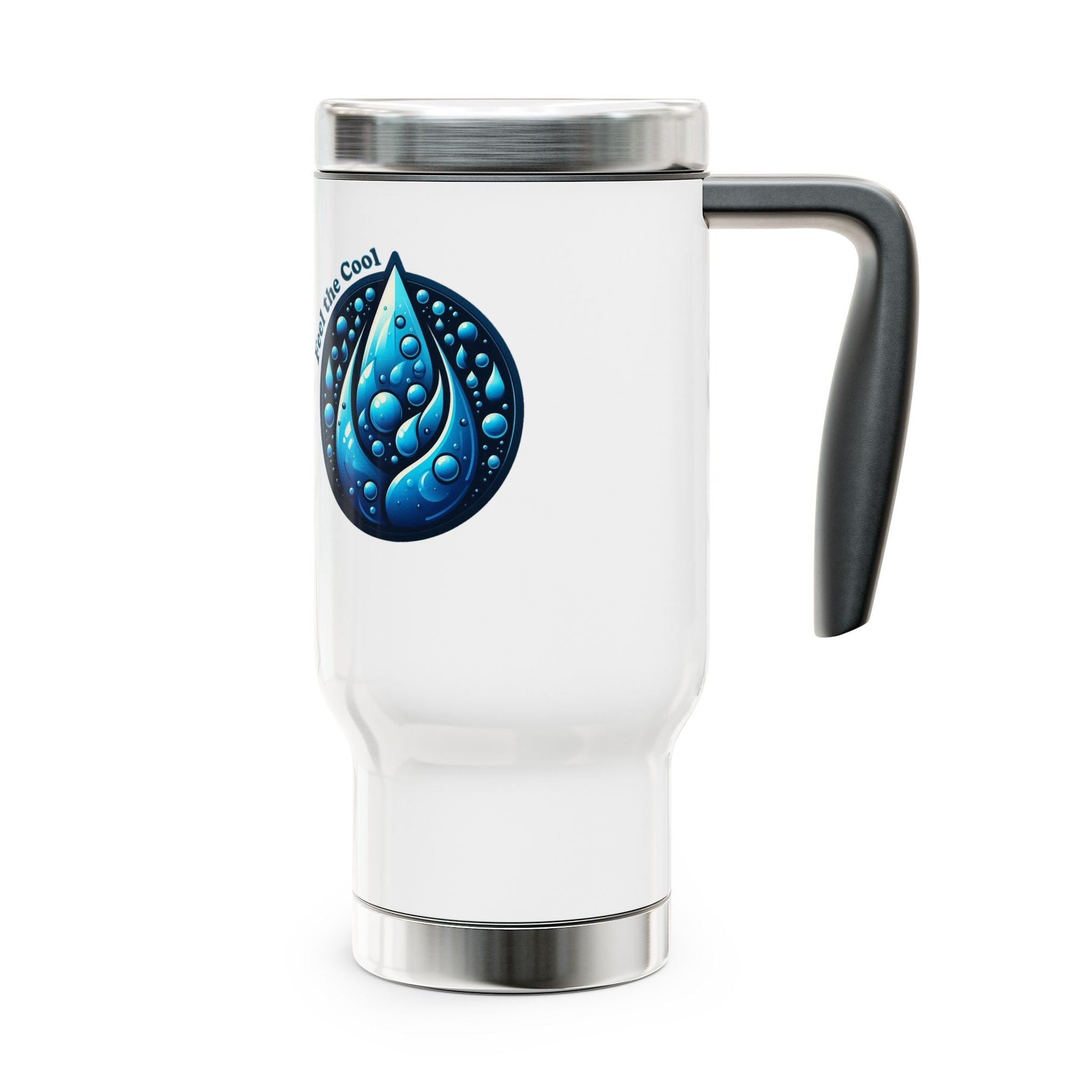 Stainless steel travel mug with handle and white enamel finish, 14oz, featuring a snap-on cap.