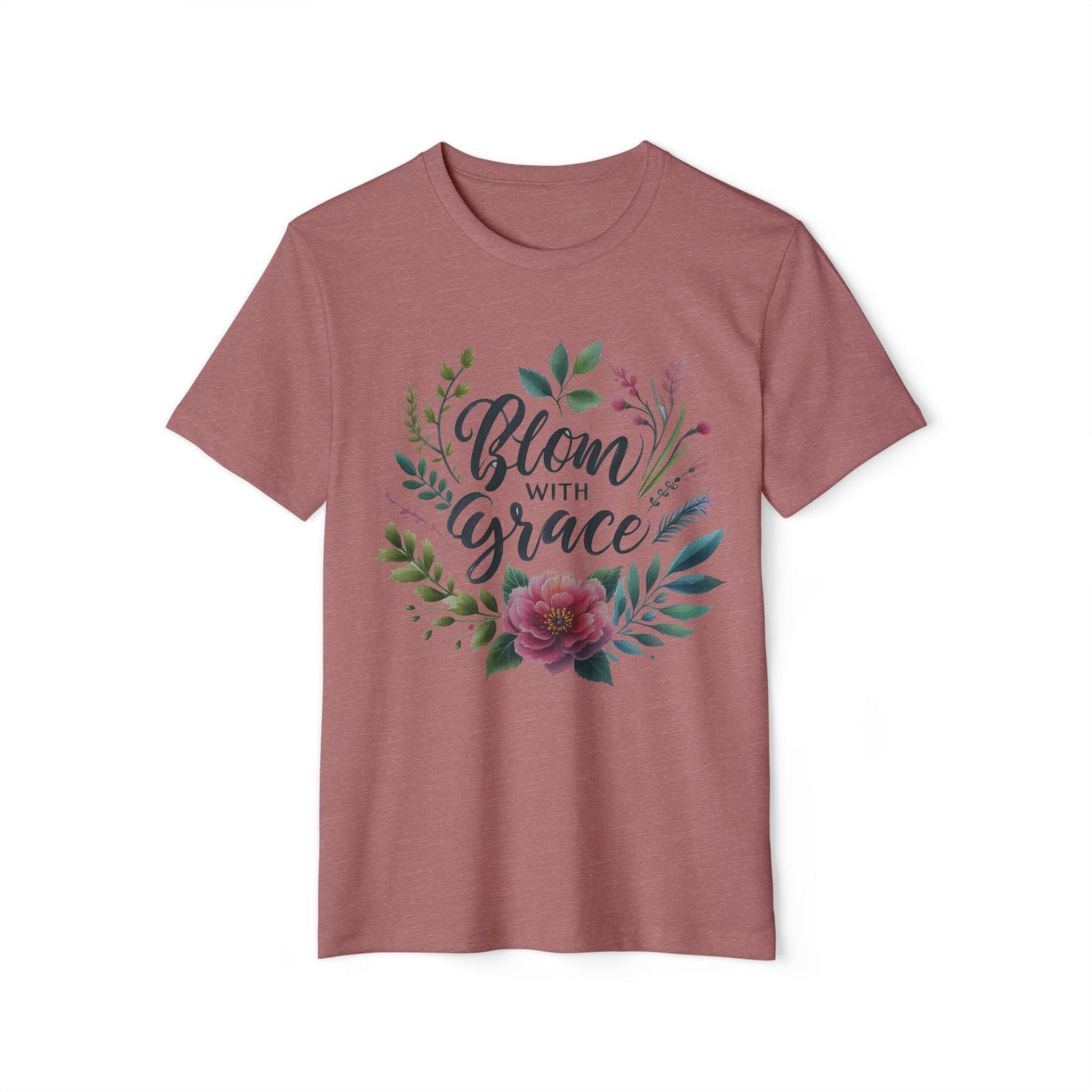 Eco-friendly organic T-shirt with floral design and "Bloom with Grace" text.
