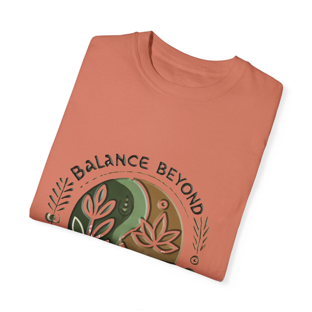Balance Beyond Medication Unisex Garment-Dyed T-Shirt with unique color and soft texture, folded with front design visible.
