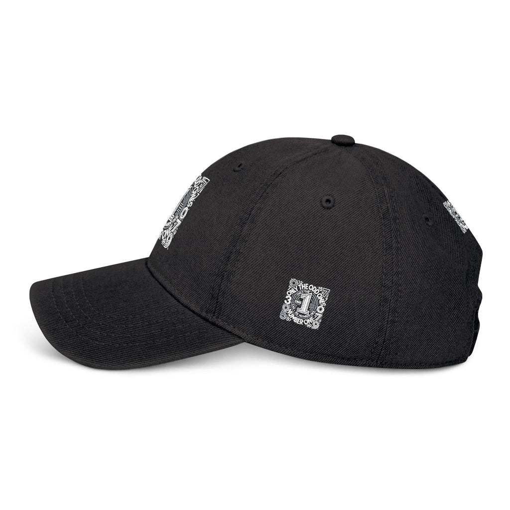 Unique embroidered denim hat in black, low-profile six-panel design, side view.