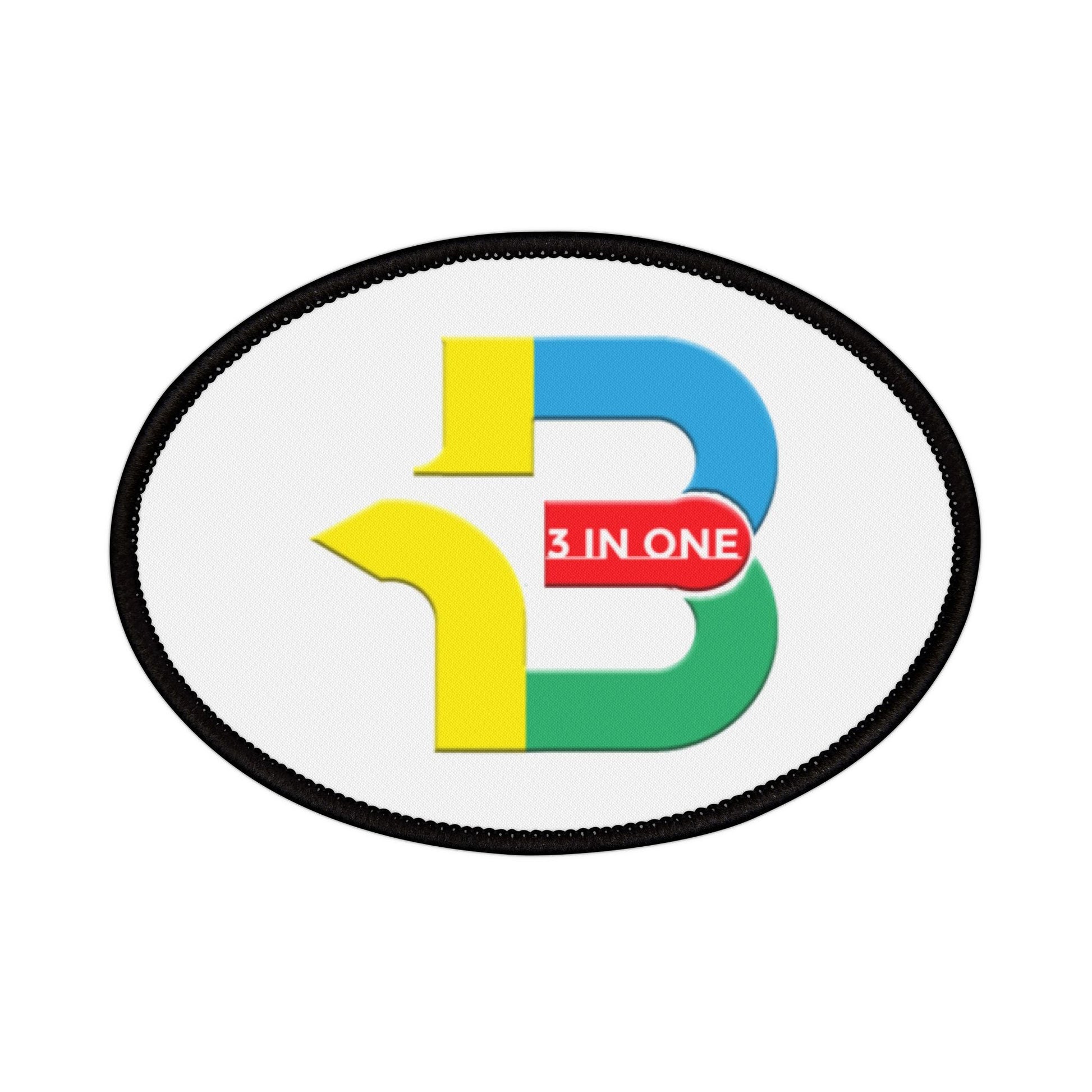 Oval iron-on patch with colorful 3 in 1 design, featuring black edges and durable polyester material for personalizing apparel.