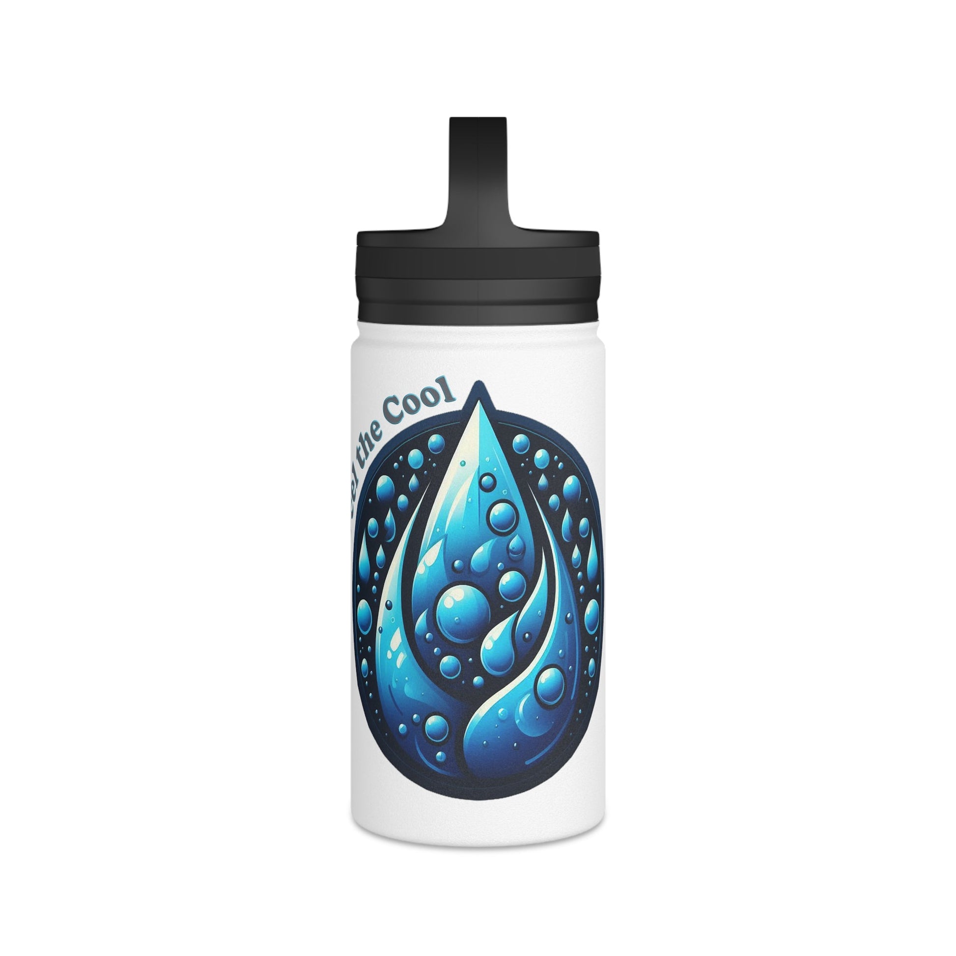 Blue Water Drop Stainless Steel Water Bottle with handle lid, vibrant design, and double-wall insulation for hot and cold drinks.
