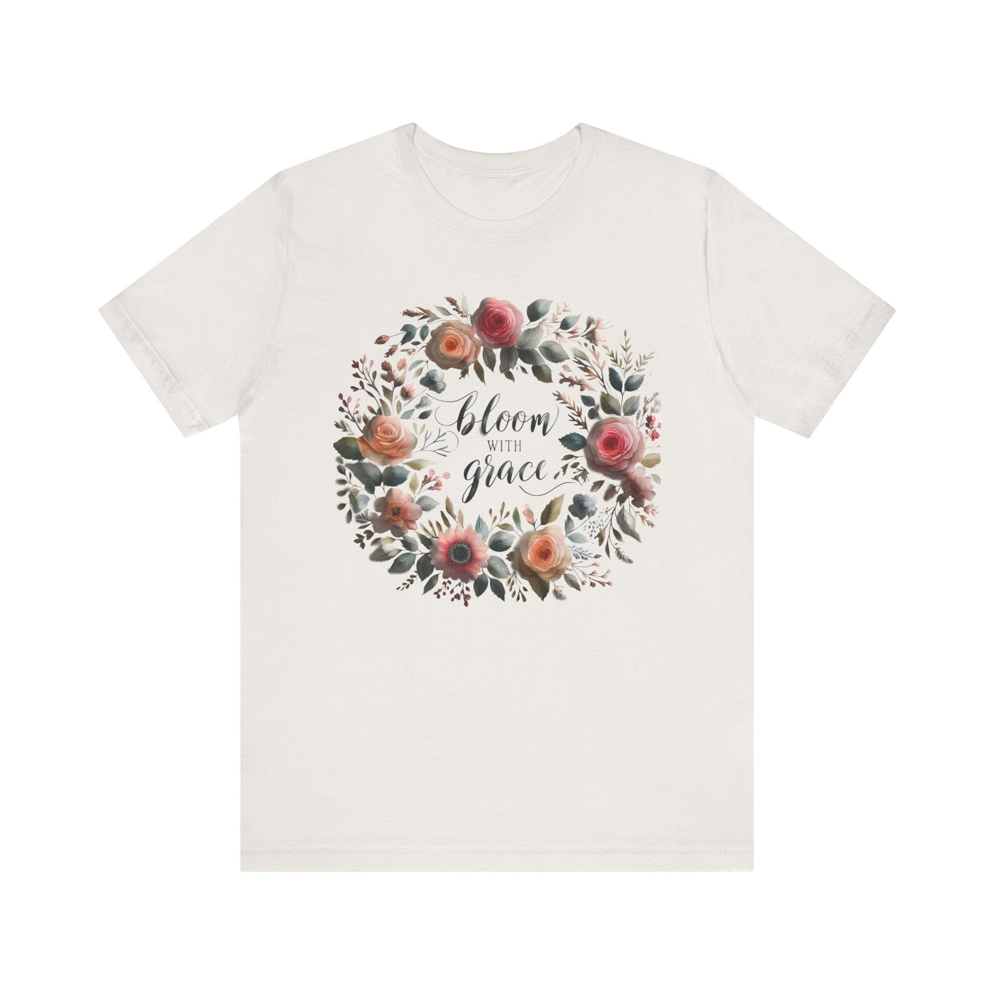 Bloom with Grace T-shirt with "Bloom with Grace" design, unisex jersey short sleeve, ideal spring outfit for nature lovers.
