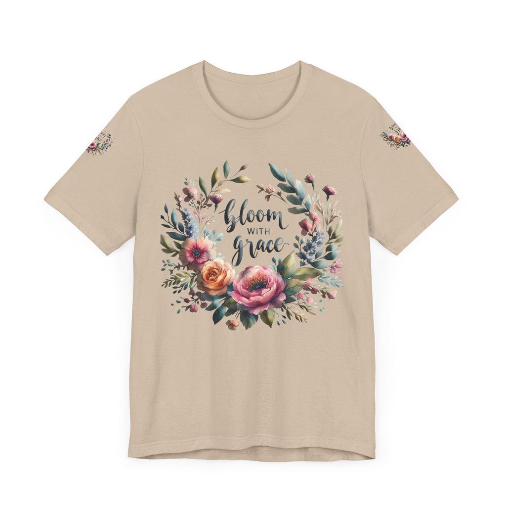 Floral Inspirational T-shirt with vibrant bloom design, perfect for spring fashion and motivational wear.