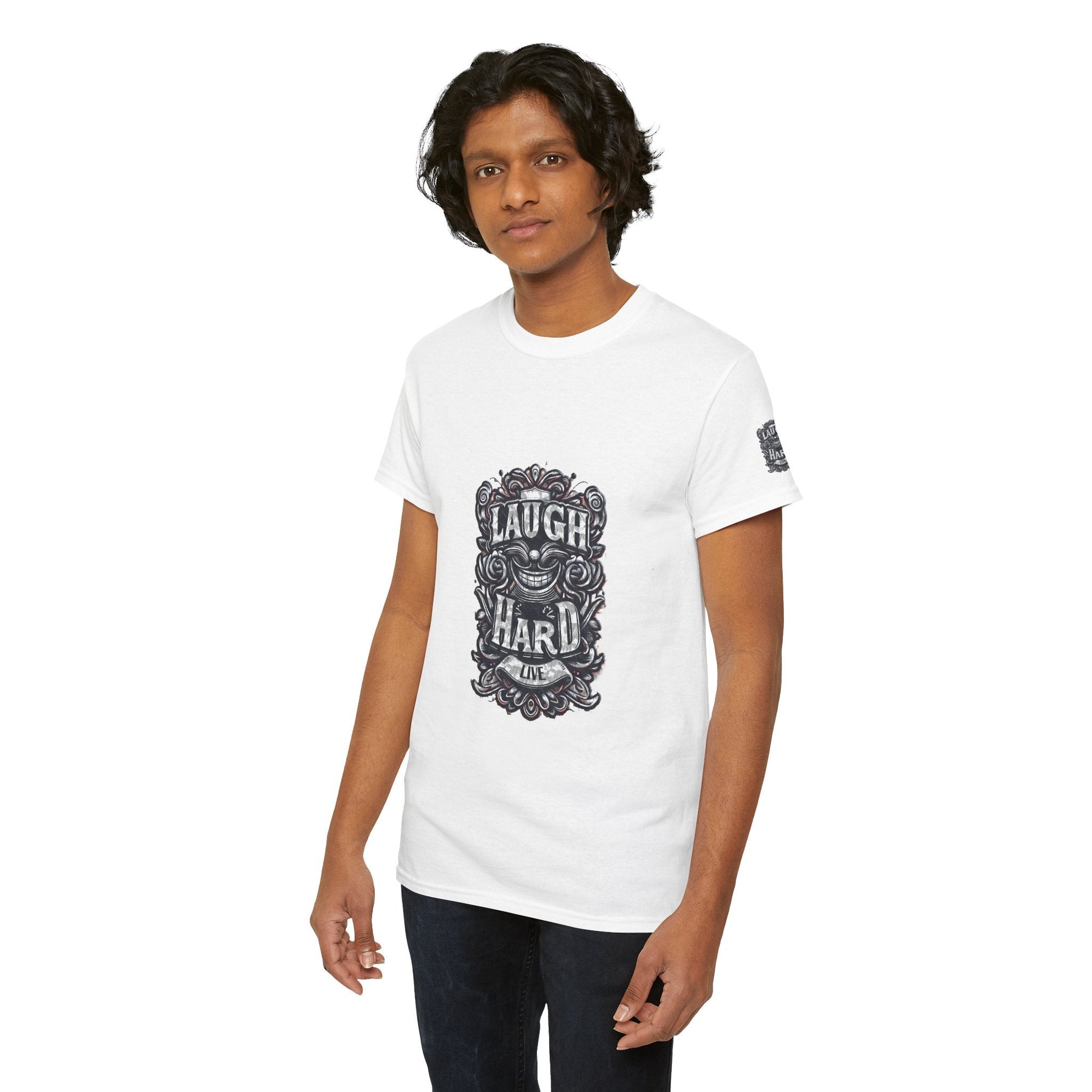 Unisex Heavy Cotton T-shirt - Laugh Hard - B&W Classic Comfort