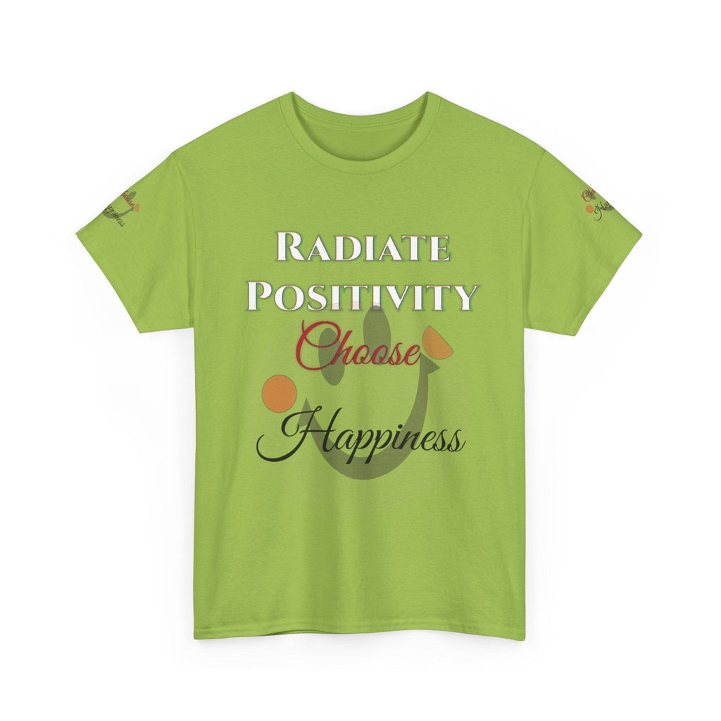 Unisex Heavy Cotton T-shirt with "Radiate Positivity - Choose Happiness" design in green.
