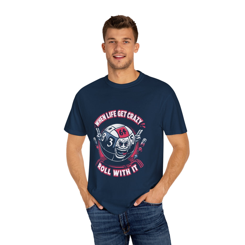 Unisex model wearing a navy blue "Roll With It" funny garment dyed T-shirt featuring a playful graphic design.