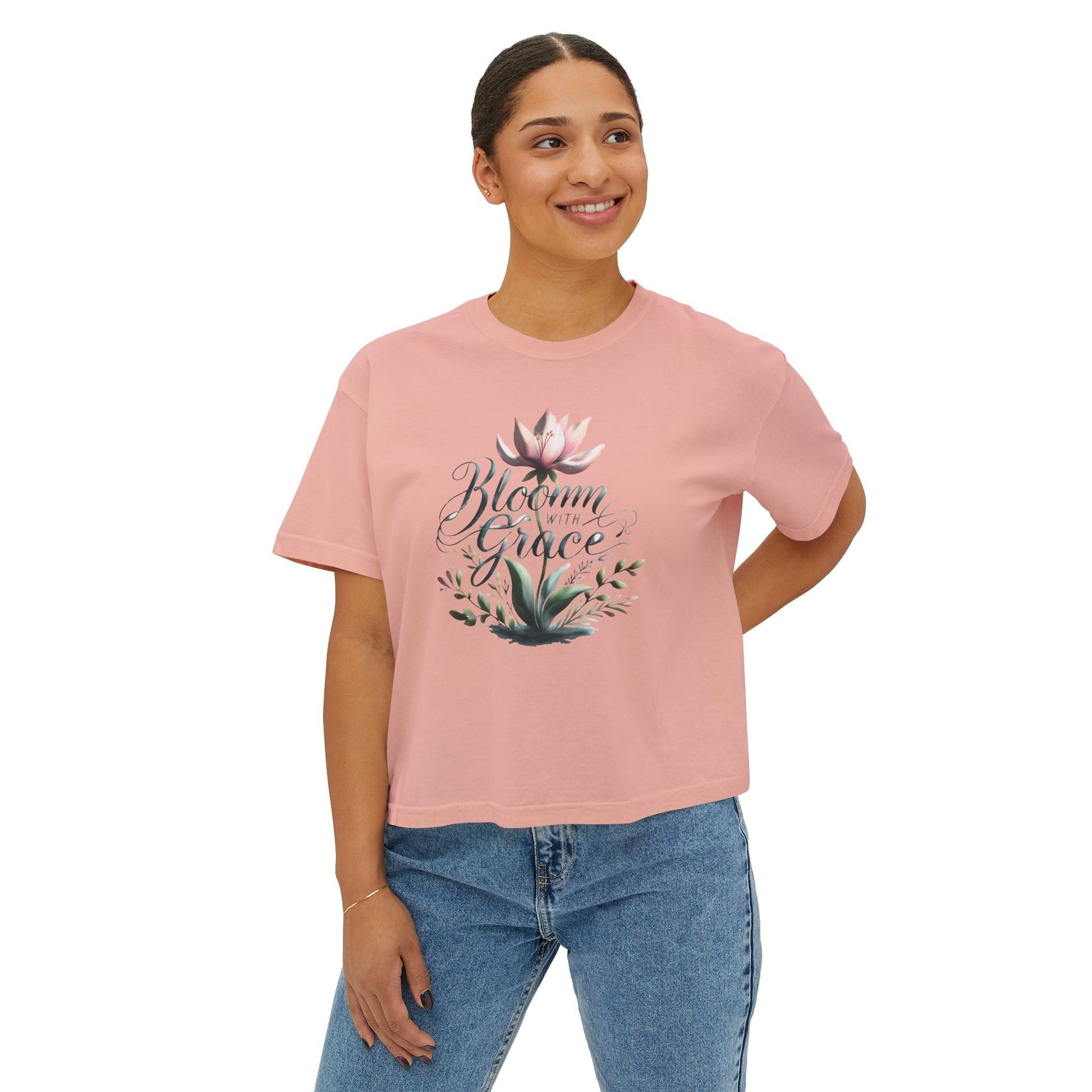 Womens Boxy T-shirt with floral design, pink casual summer top, motivational text "Bloom with Grace".