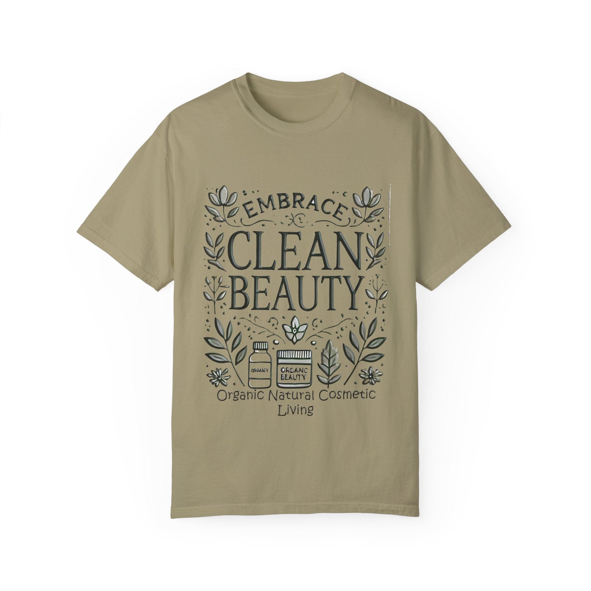 Clean Beauty Unisex T-Shirt - Organic Natural Cosmetic Living Tee in olive green with artistic design.