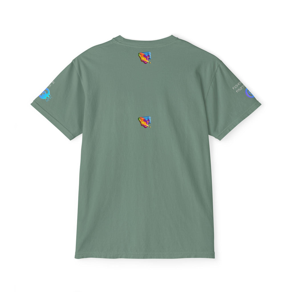 Unisex garment-dyed pocket t-shirt with vibrant eco-friendly print, showcasing durability and relaxed fit.