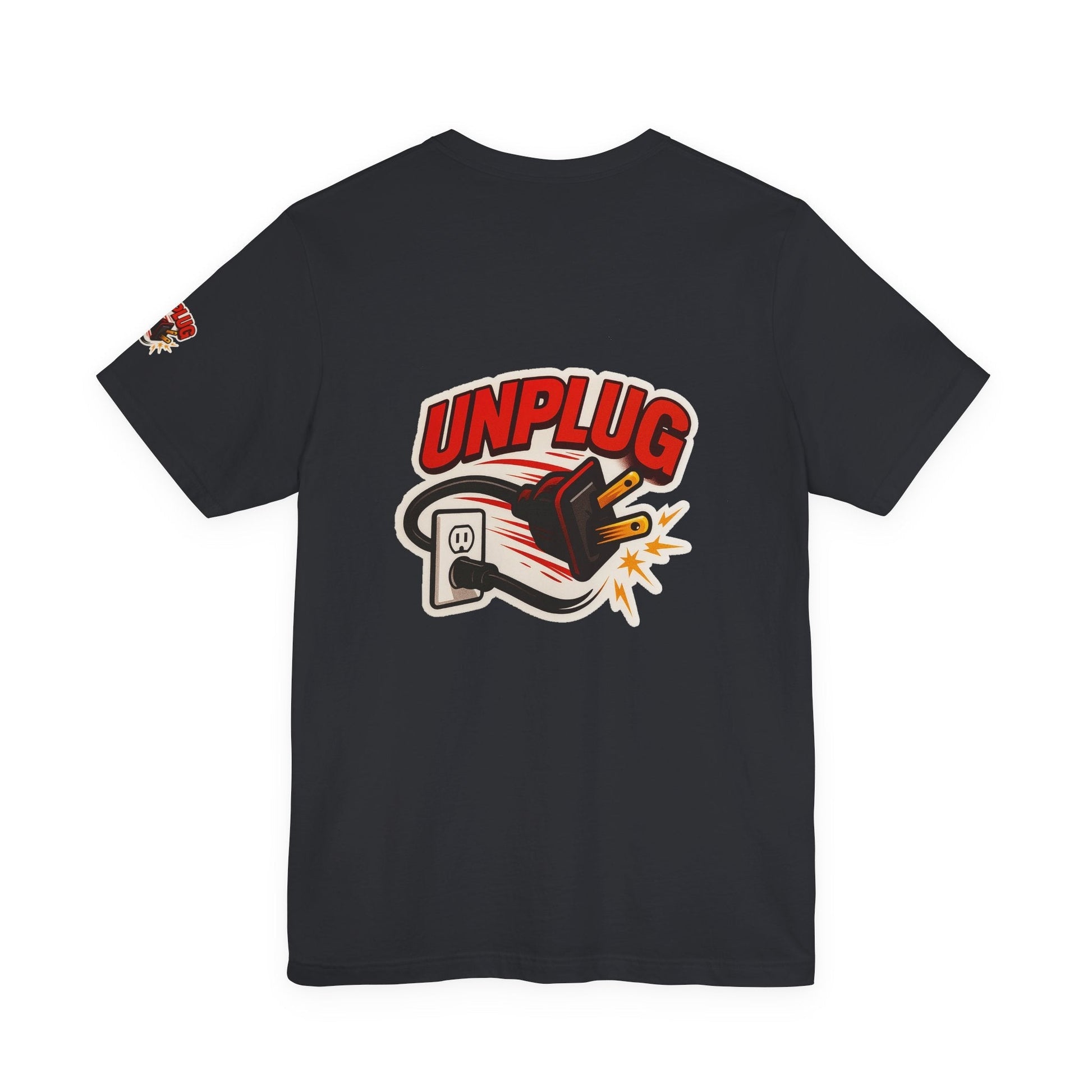 Black Unisex Jersey Short Sleeve T-shirt with bold "UNPLUG" graphic featuring an unplugged power cord and plug, casual and comfortable design for tech lovers.