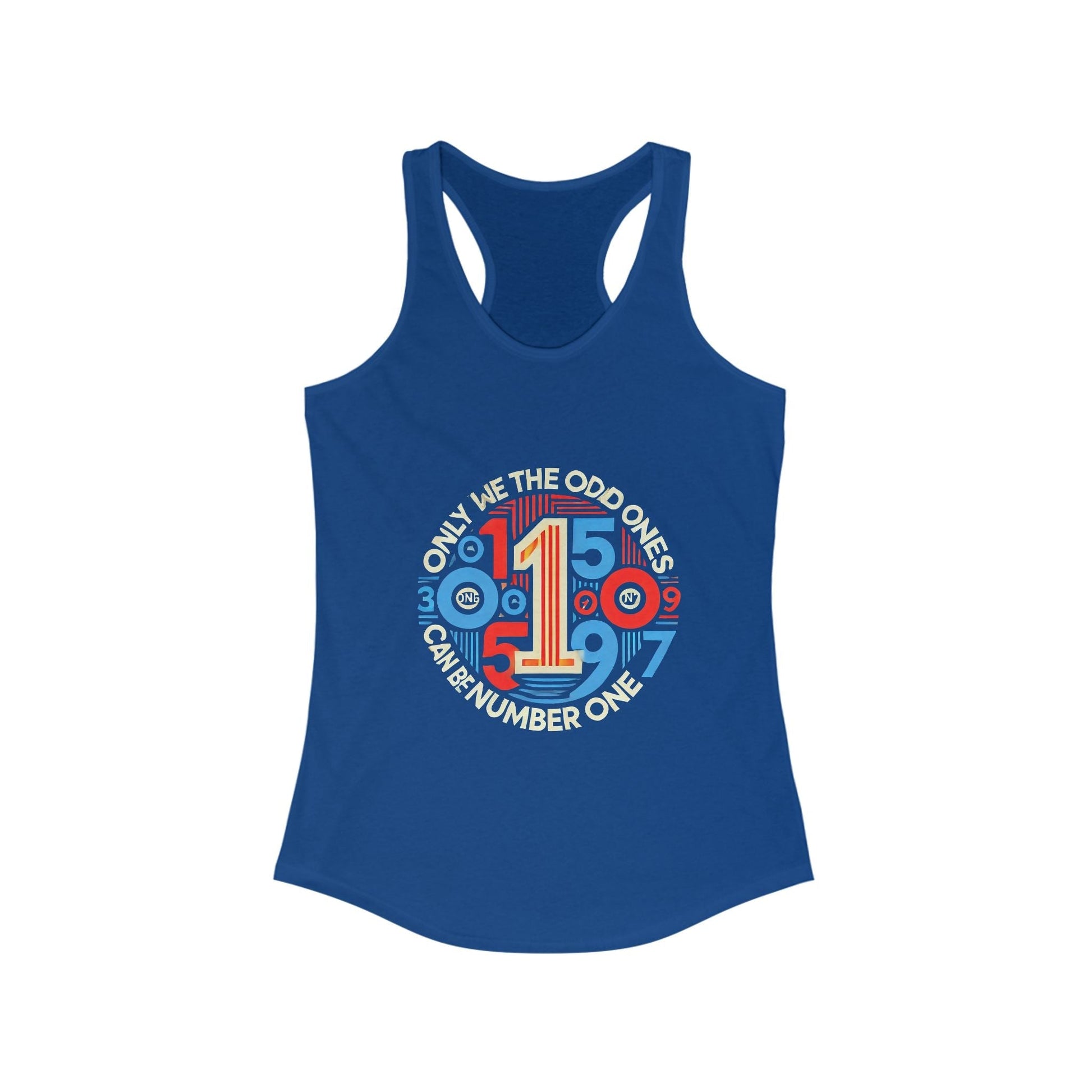 Quirky Graphic Racerback Tank for Women with "#1 Odd Ones" design in blue.