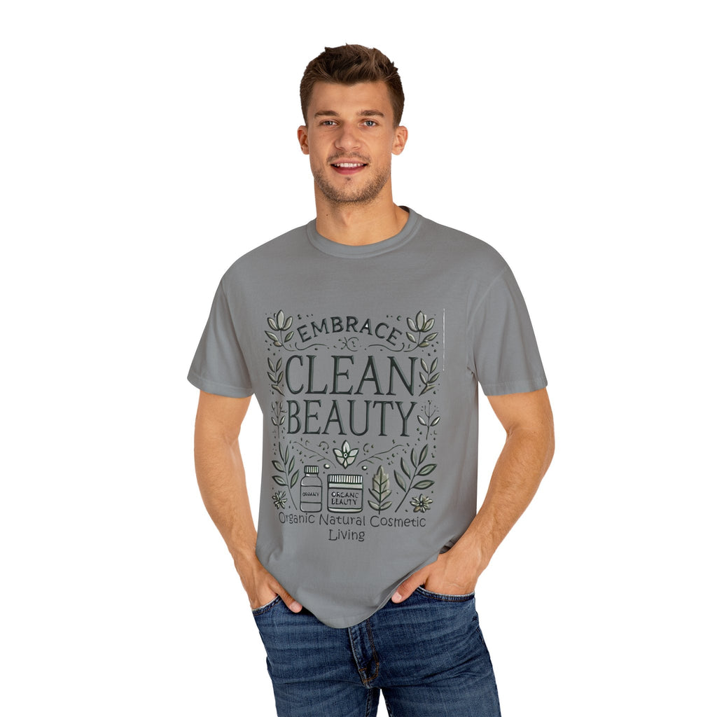 Clean Beauty Unisex T-Shirt - Organic Natural Cosmetic Living Tee worn by a model, showcasing relaxed and versatile style.