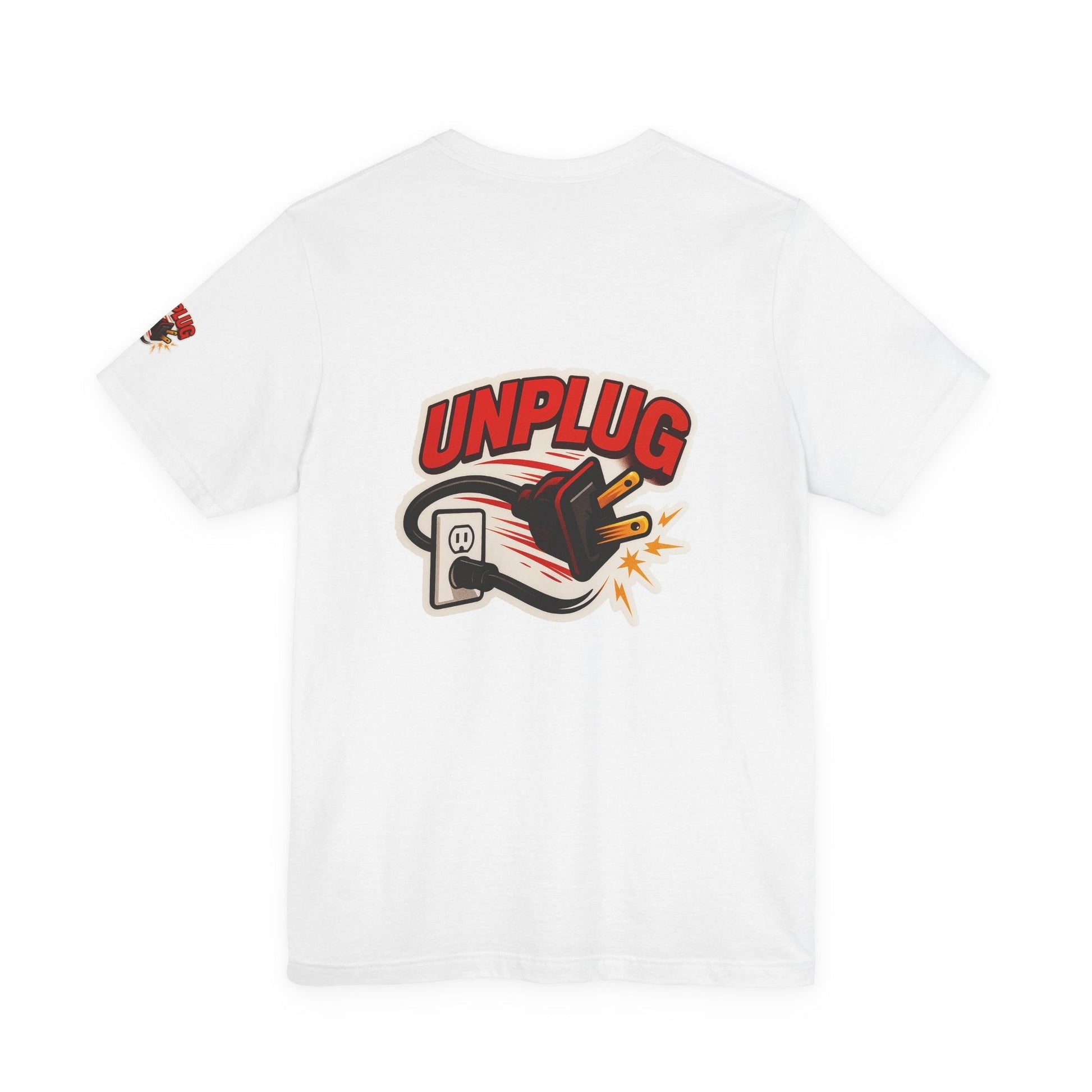 White Unisex Jersey Short Sleeve T-shirt with vibrant "UNPLUG" graphic and unplugged power plug design on the back.